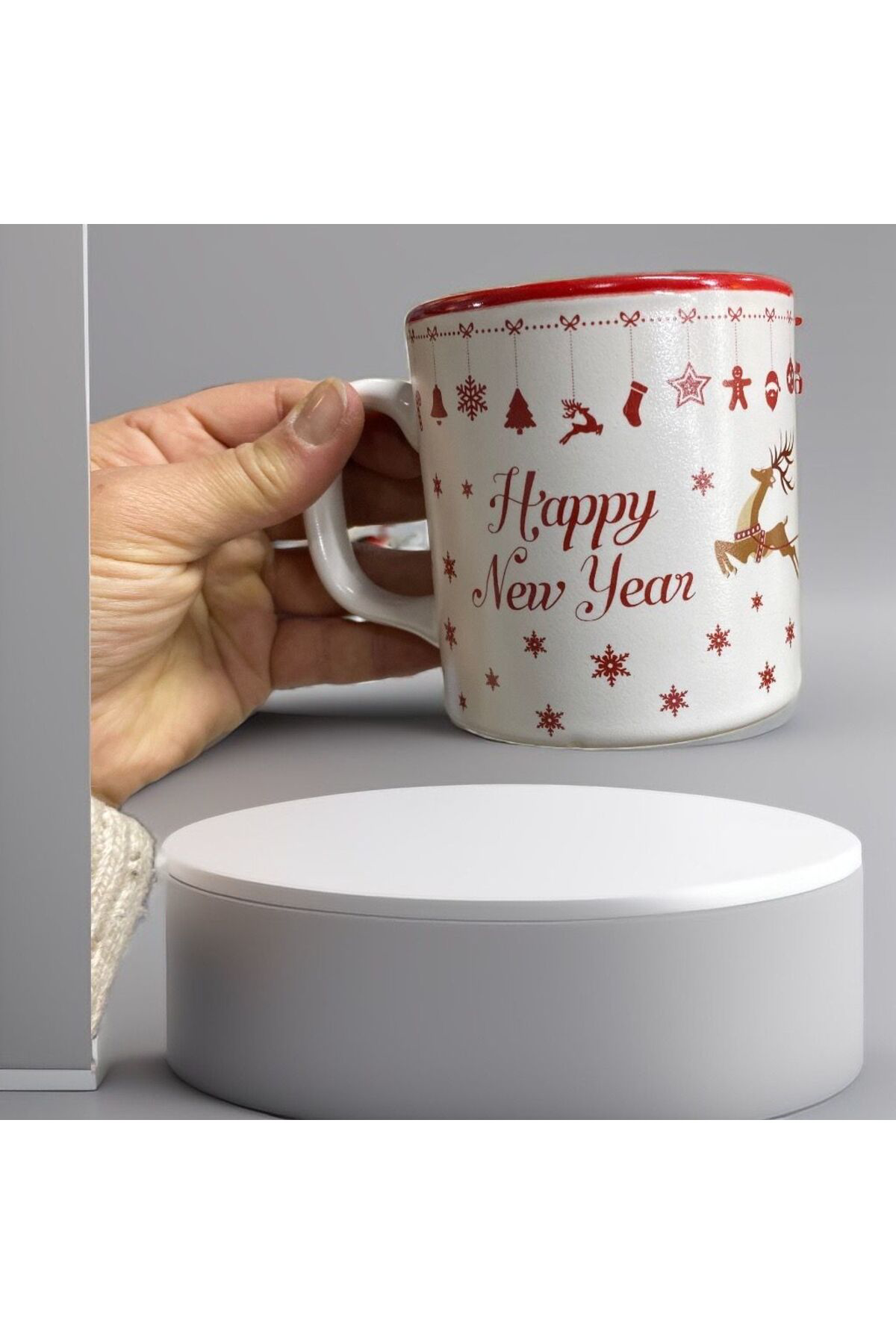 Ren Geyikli Kardan Adam Temalı Noel Yılbaşı Kupa