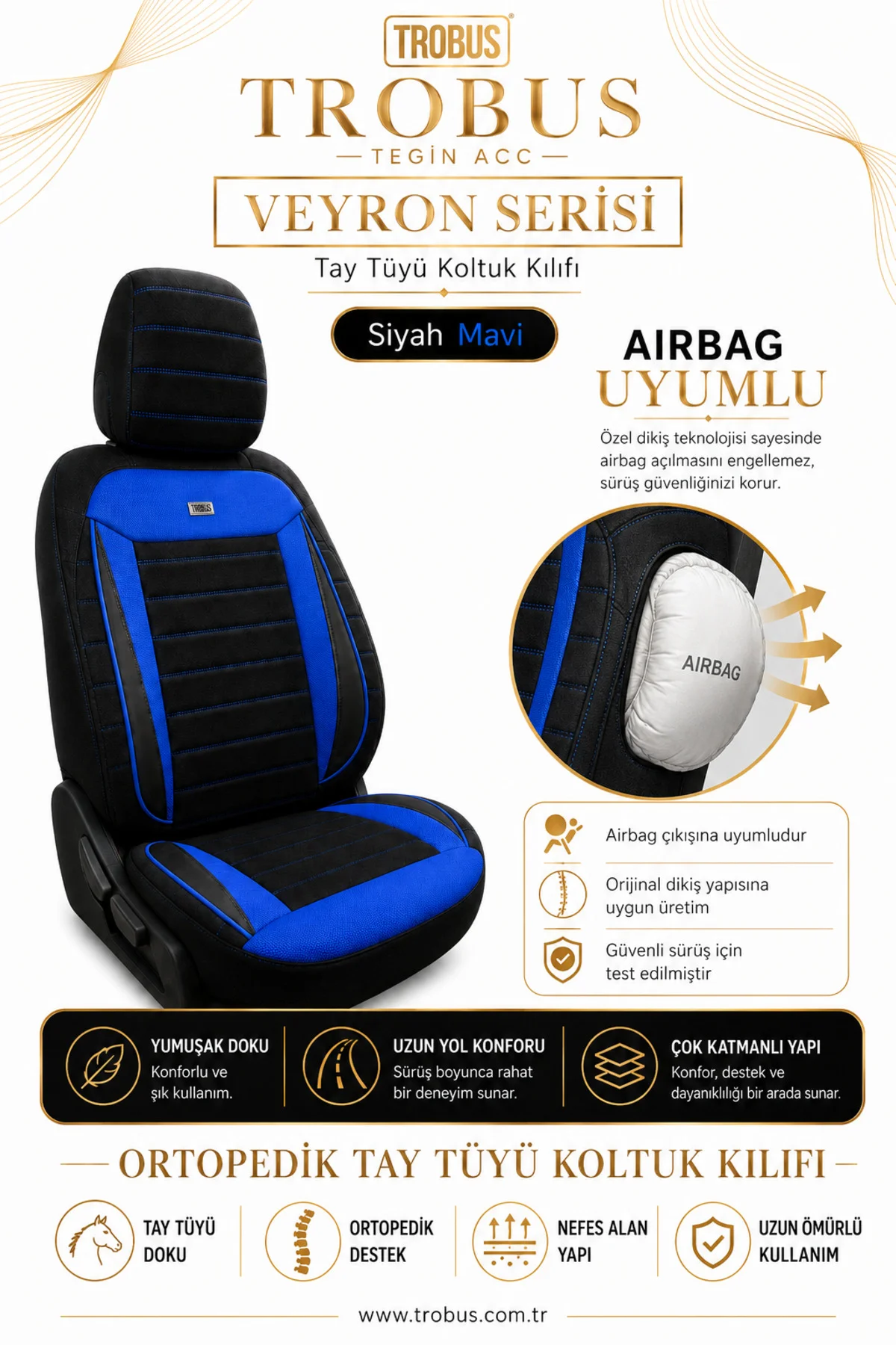Renault Broadway 1990-2000 Uyumlu Veyron Serisi Siyah Mavi Tay Tüyü Koltuk Kılıfı