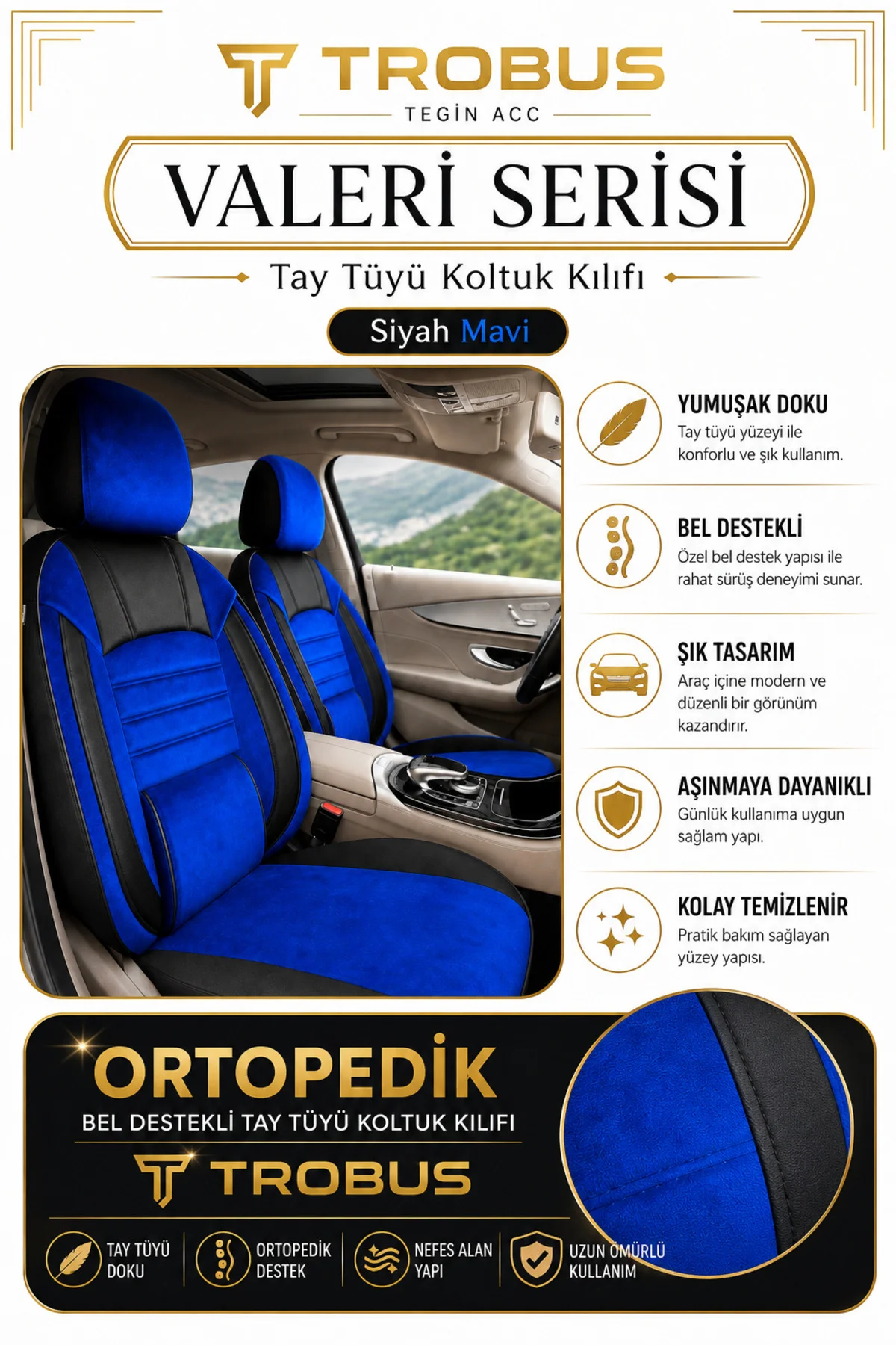 Renault Clio 1998 Sonrası Uyumlu Valeria Serisi Mavi Siyah Bel Destekli Tay Tüyü Koltuk Kılıfı