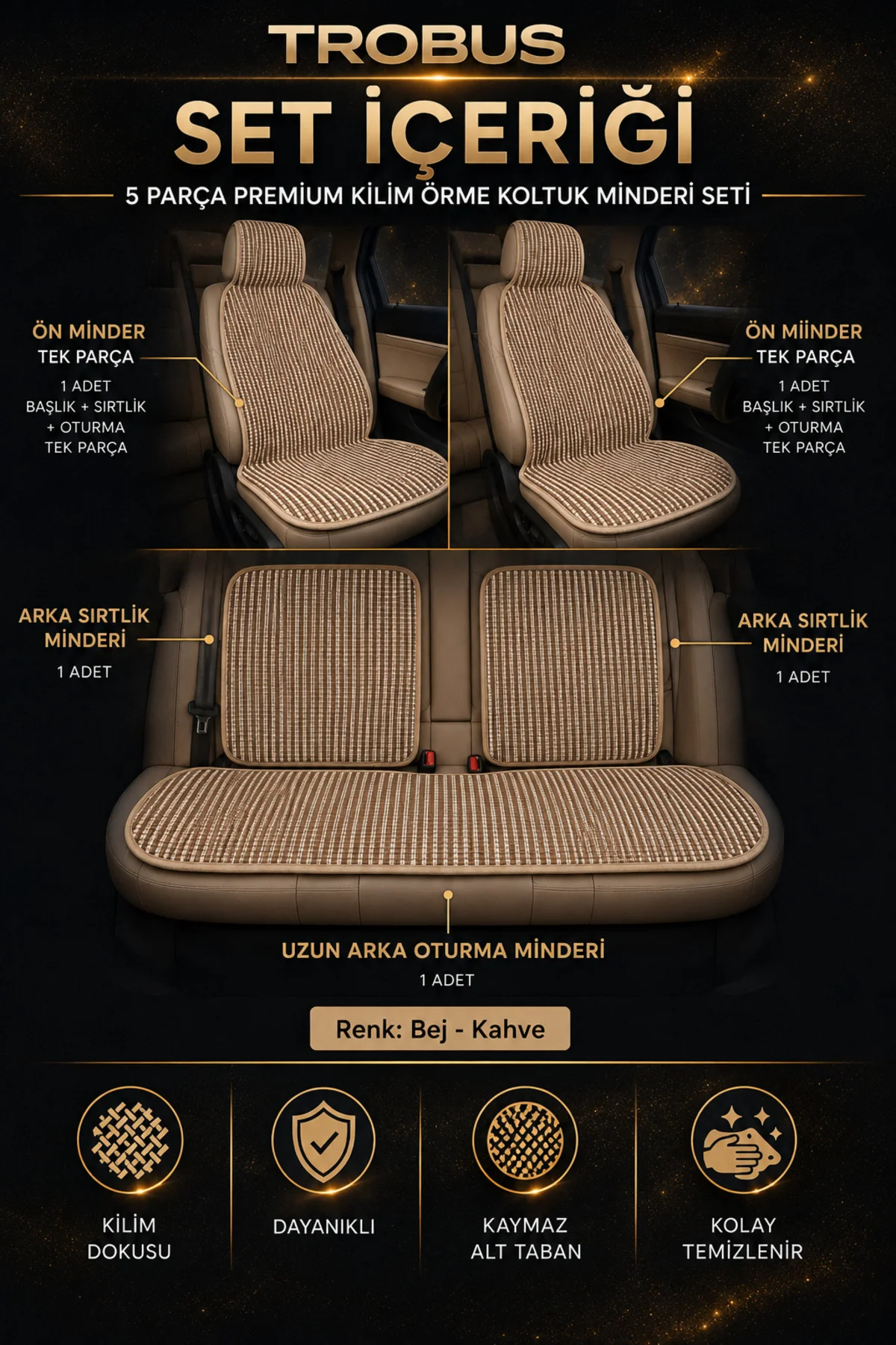 Renault Clio 1998 ve Sonrası (Clio 4 2012-2019) Uyumlu Premium Örme Kilim 5 Parça Minder Bej