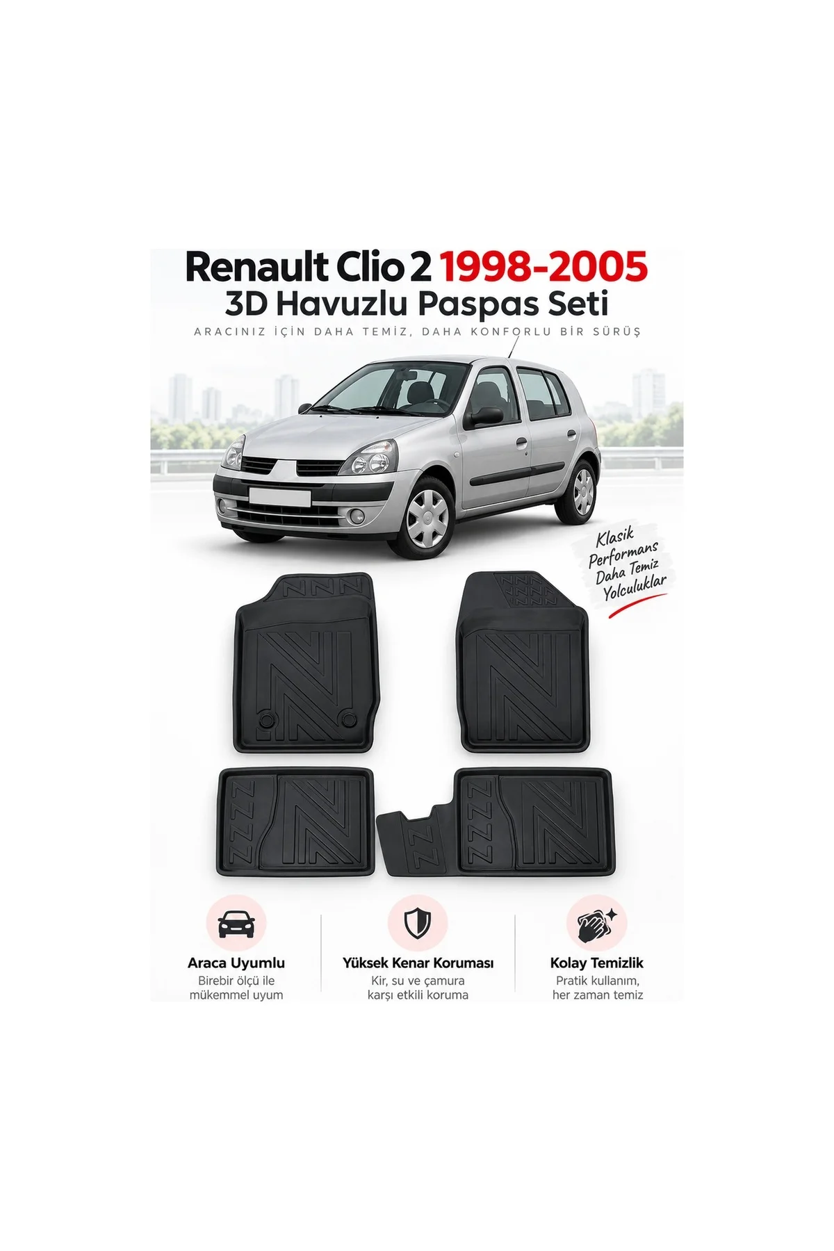 Renault Clio 2 1998-2005 Karbon Desenli Premium 3D Havuzlu Oto Paspas