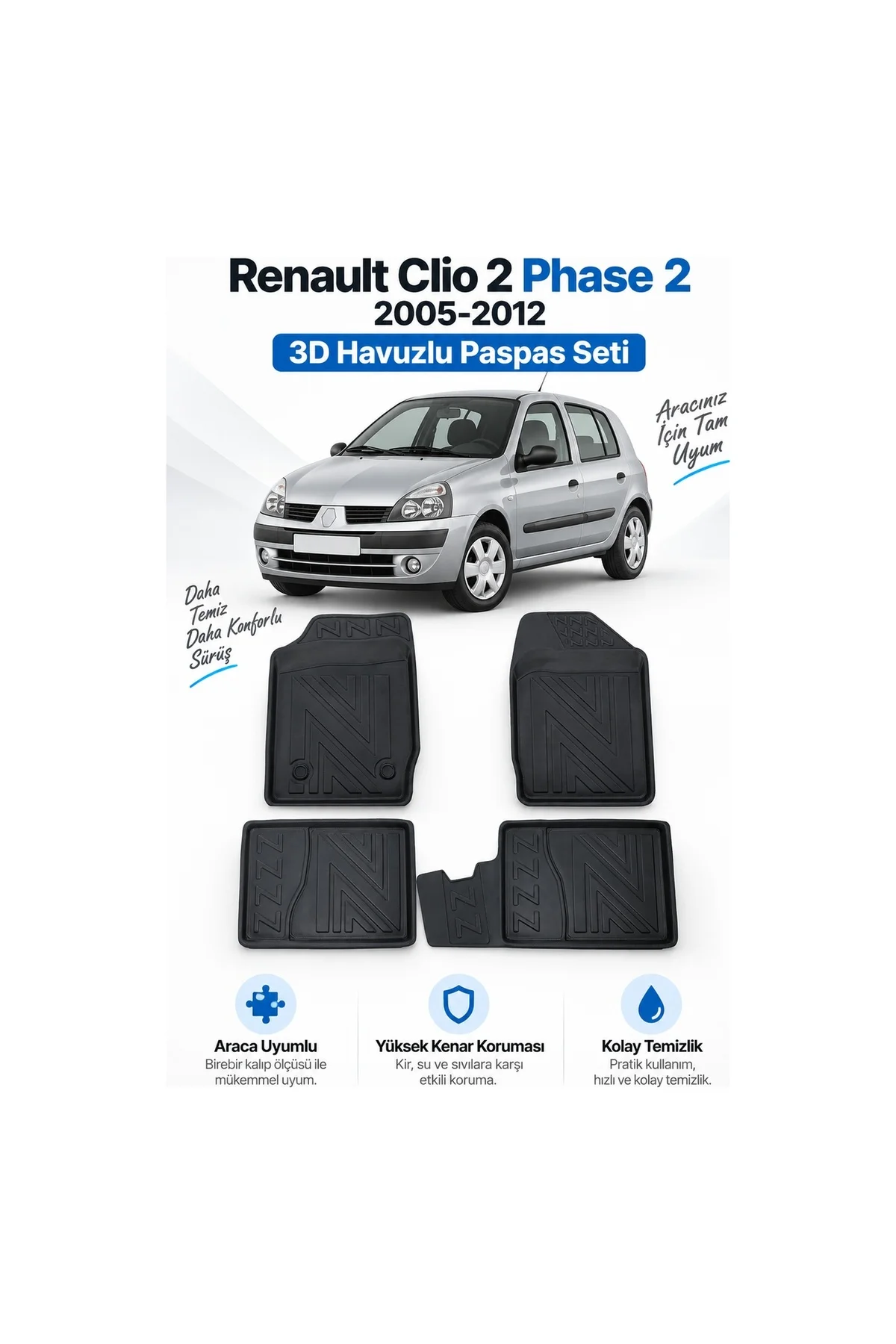 Renault Clio 2 Phase 2 2005-2012 Karbon Desenli Premium 3D Havuzlu Oto Paspas Renault Clio 2 Phase 2 2005-2012 Karbon Desenli Premium 3D Havuzlu Oto Paspas