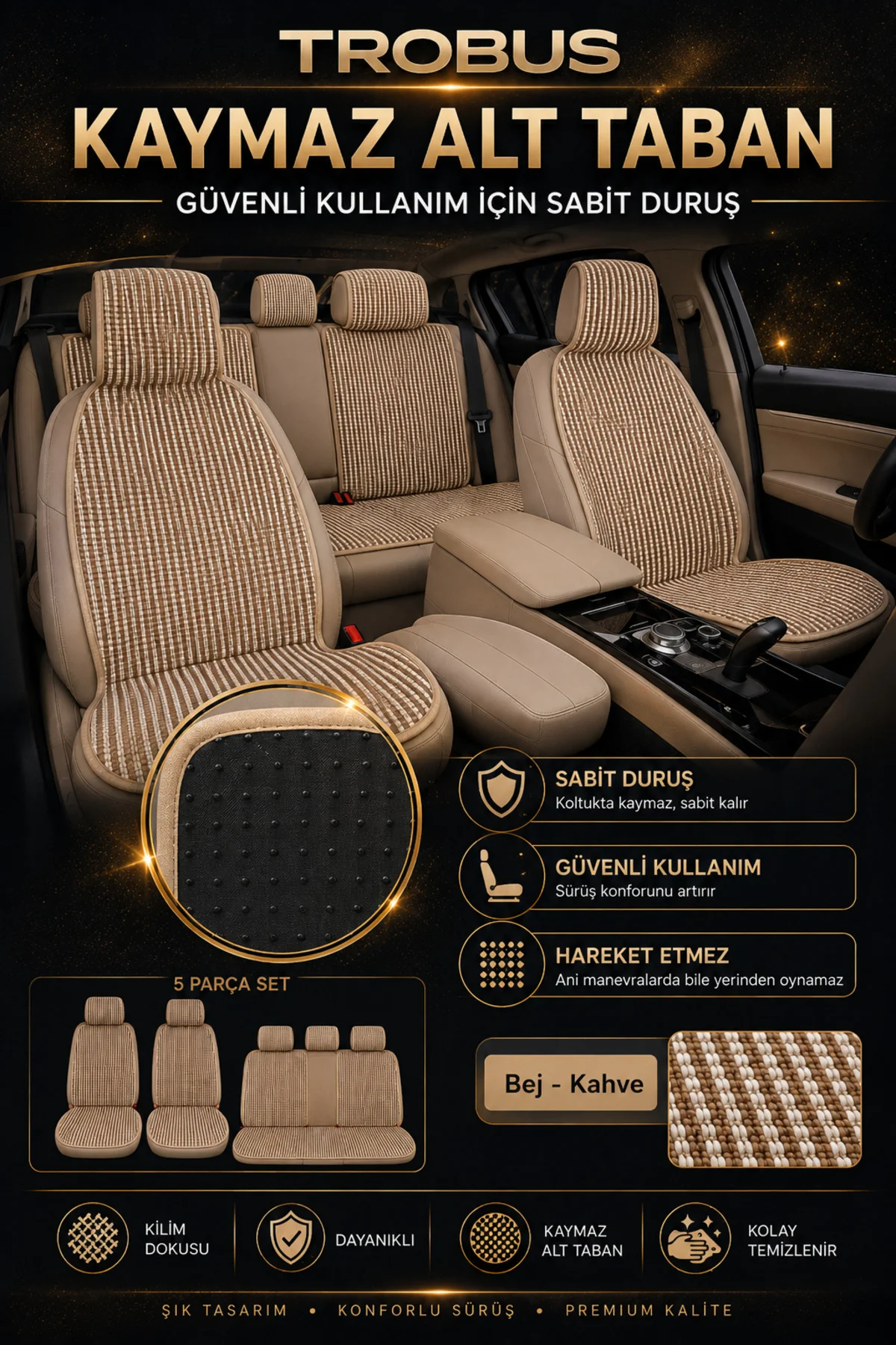Renault Clio 2019 ve Sonrası (Clio 5) Uyumlu Premium Örme Kilim 5 Parça Minder Bej
