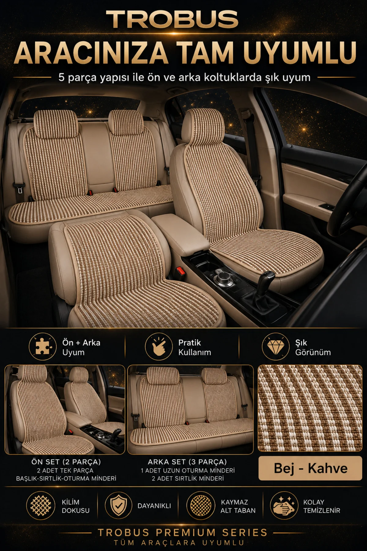 Renault Clio 2019 ve Sonrası (Clio 5) Uyumlu Premium Örme Kilim 5 Parça Minder Bej