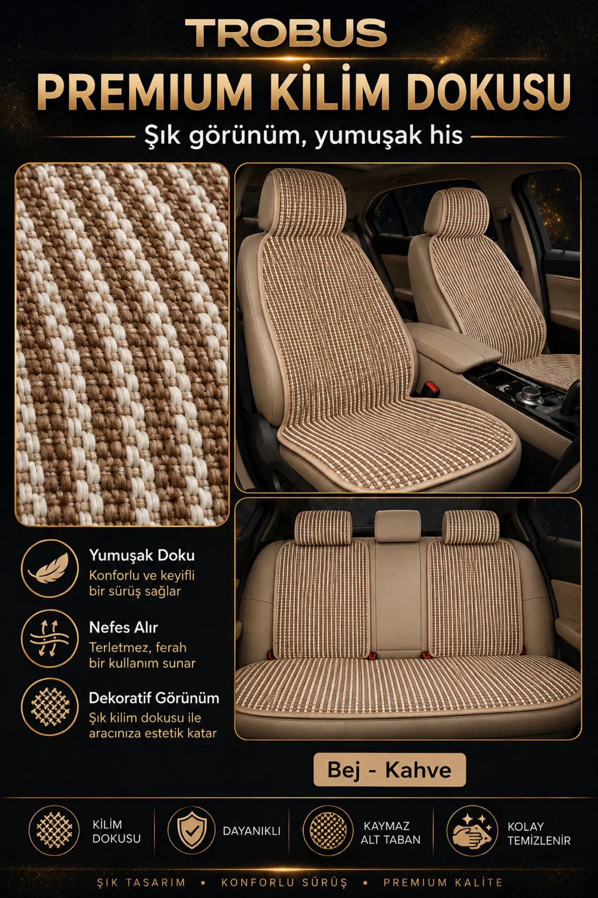 Renault Clio 2019 ve Sonrası (Clio 5) Uyumlu Premium Örme Kilim 5 Parça Minder Bej