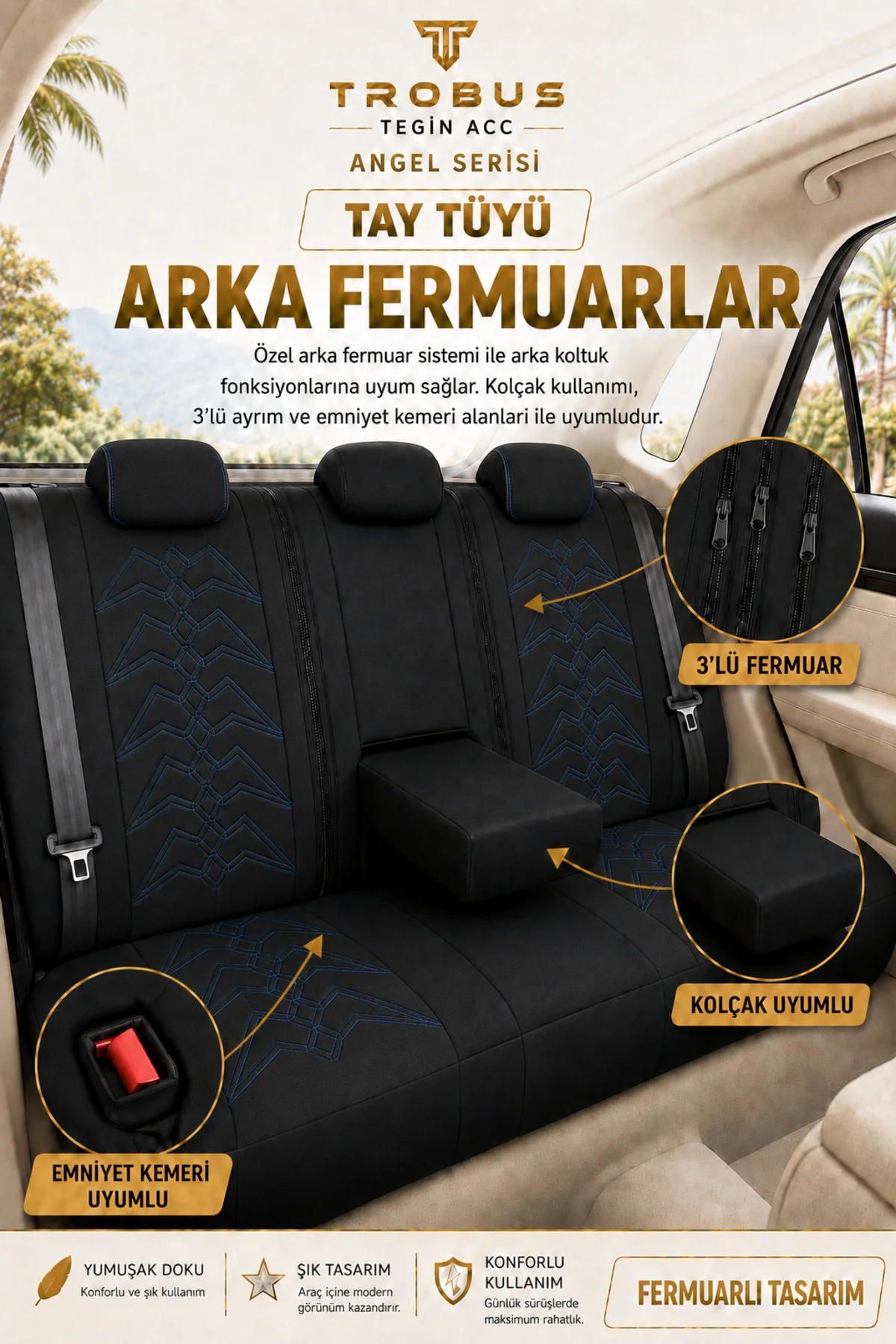 Renault Clio 4 2012-2019 Uyumlu Angel Serisi Tay Tüyü Koltuk Kılıfı Siyah Mavi Fiyatı, Yorumları ve Özellikleri