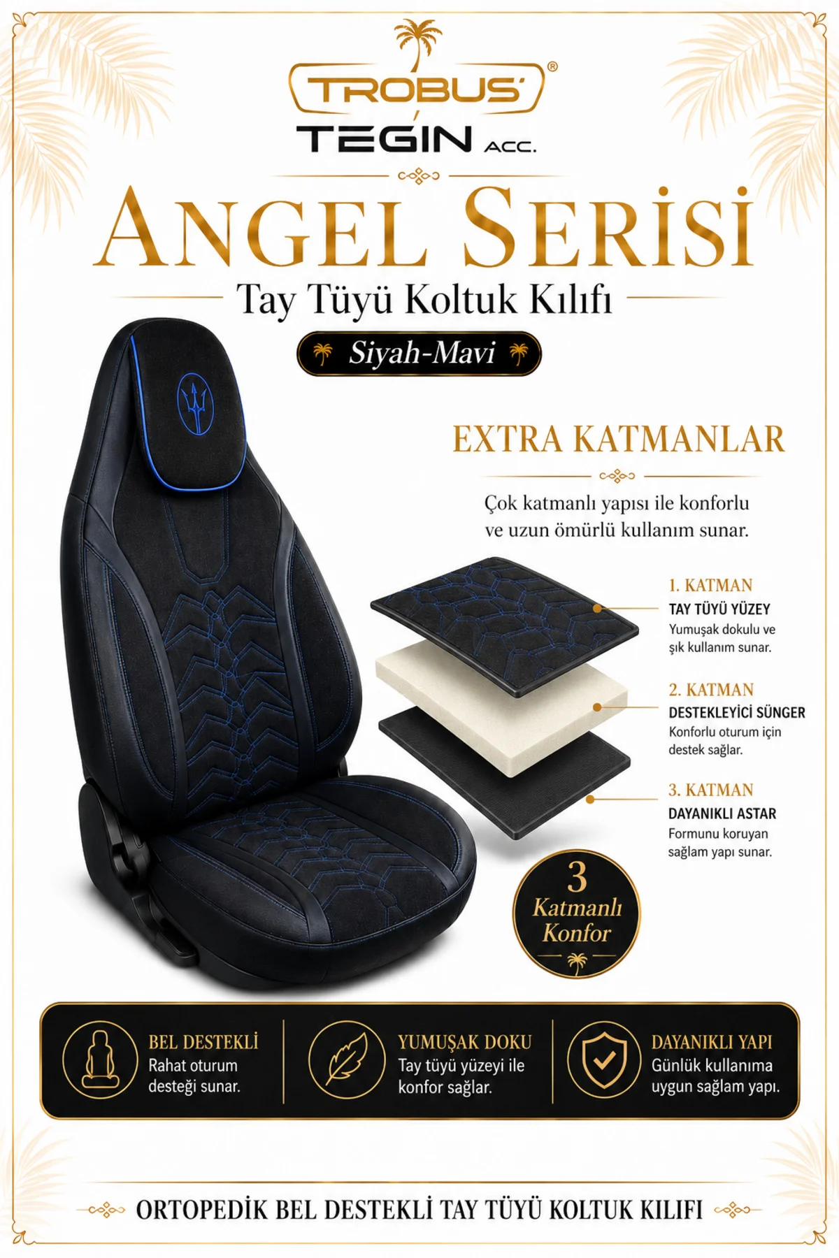 Renault Clio 4 2012-2019 Uyumlu Angel Serisi Tay Tüyü Koltuk Kılıfı Siyah Mavi Fiyatı, Yorumları ve Özellikleri