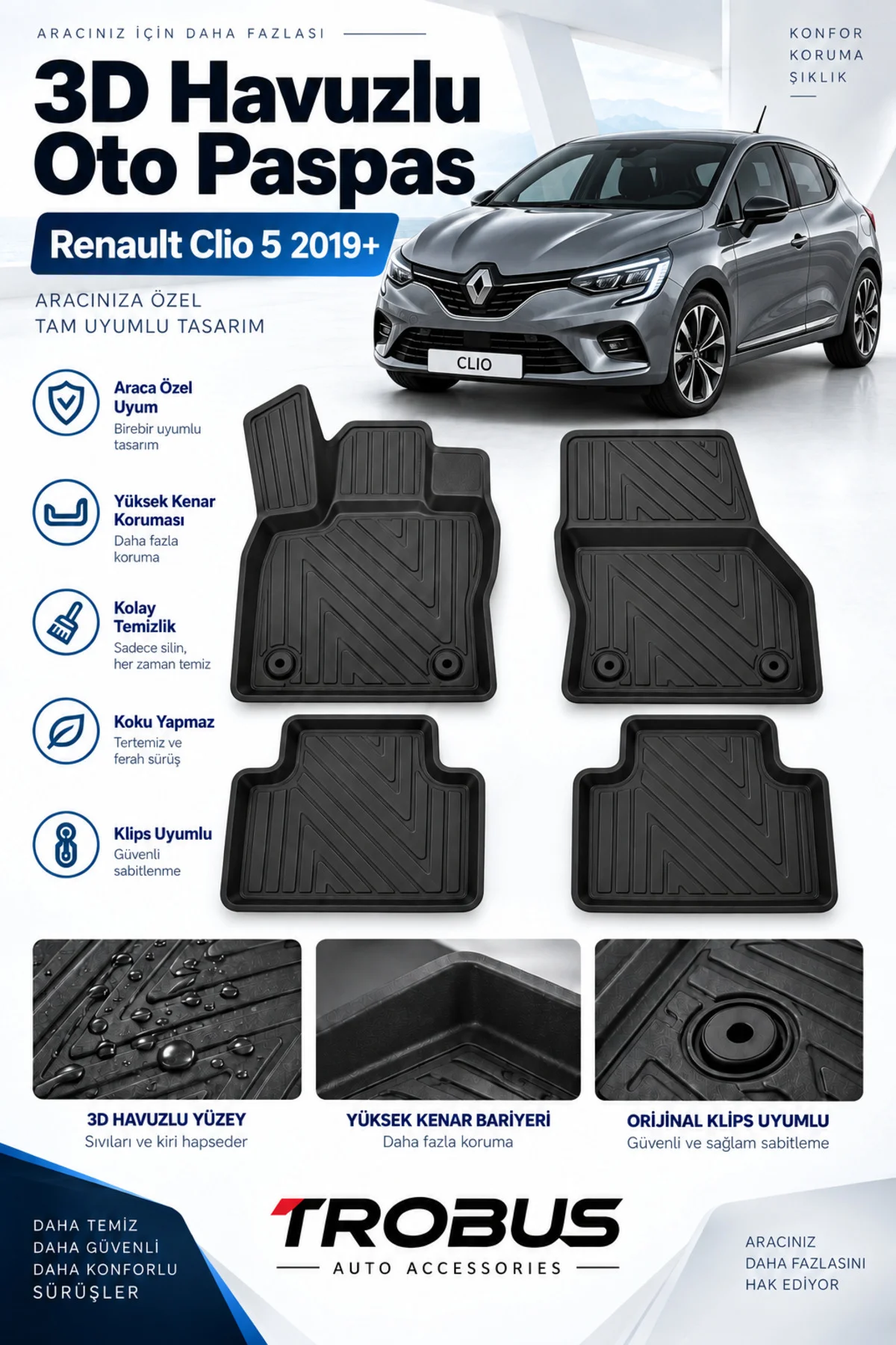 Renault Clio 5 2019-2025 Karbon Desenli Premium 3D Havuzlu Oto Paspas Renault Clio 5 2019-2025 Karbon Desenli Premium 3D Havuzlu Oto Paspas