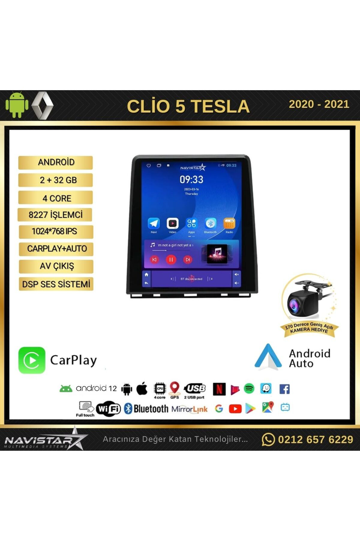 Renault Clio 5 Tesla 2020-2021 Model 2gb 32gb Kablosuz Carplay Na