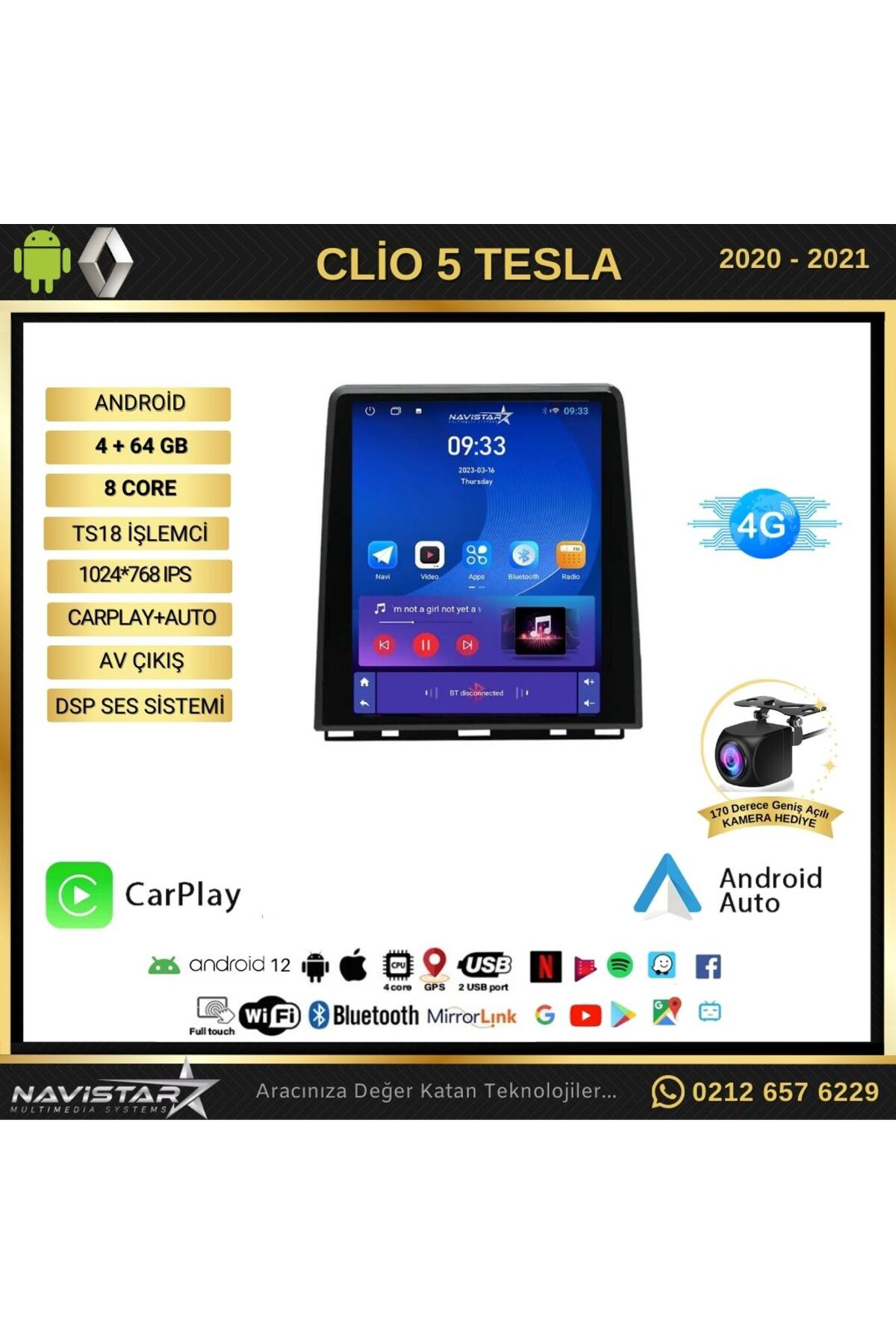 Renault Clio 5 Tesla 4gb 64gb 2020-2021 Model Kablosuz Carplay Na Renault Clio 5 Tesla 4gb 64gb 2020-2021 Model Kablosuz Carplay Na