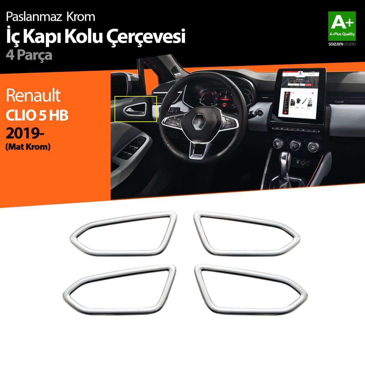 Renault Clio Uyumlu 5 Krom İç Kapı Kolu Çerçevesi 4 Parça. 2019 V Renault Clio Uyumlu 5 Krom İç Kapı Kolu Çerçevesi 4 Parça. 2019 V