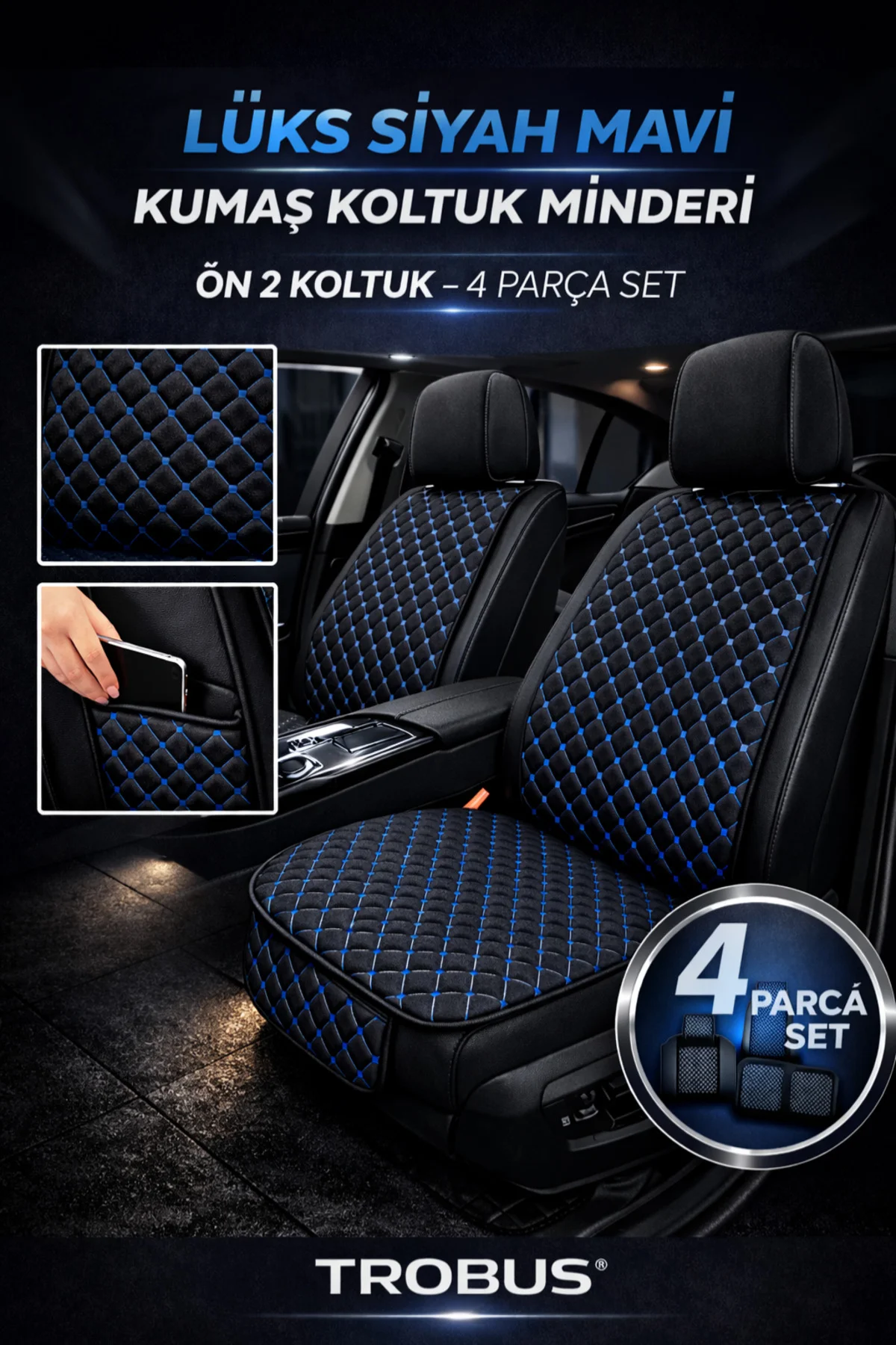 Renault Clio Uyumlu 5 Parça Terletmez Kumaş Koltuk Minderi Siyah Mavi