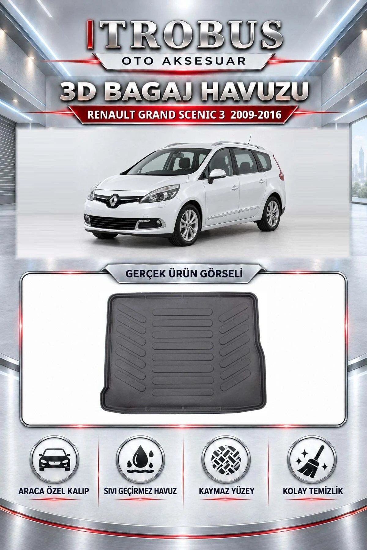 Renault Grand Scenic 3 2009-2016 Araca Özel 3D Bagaj Havuzu Renault Grand Scenic 3 2009-2016 Araca Özel 3D Bagaj Havuzu