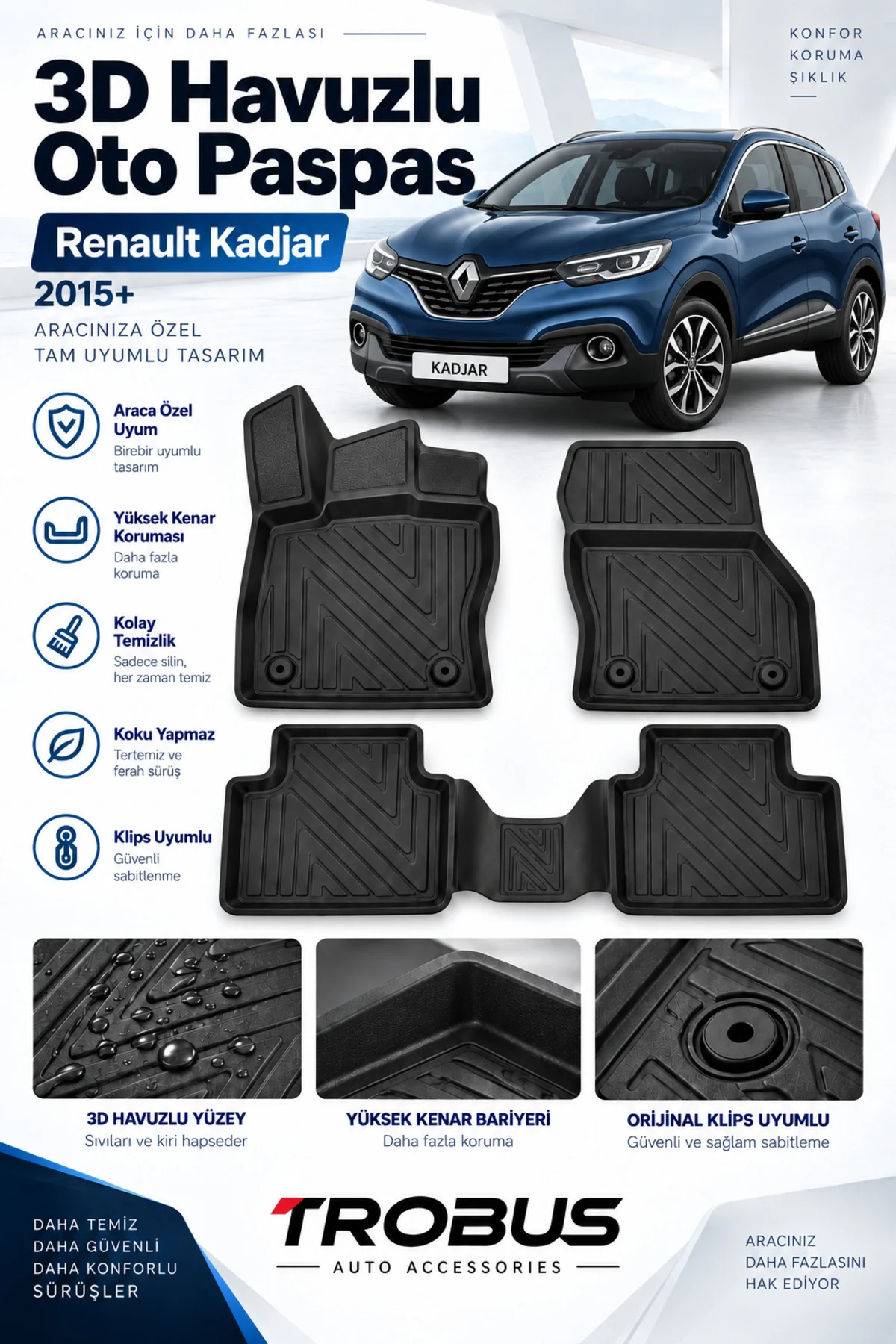 Renault Kadjar 2015-2022 Karbon Desenli Premium 3D Havuzlu Oto Paspas