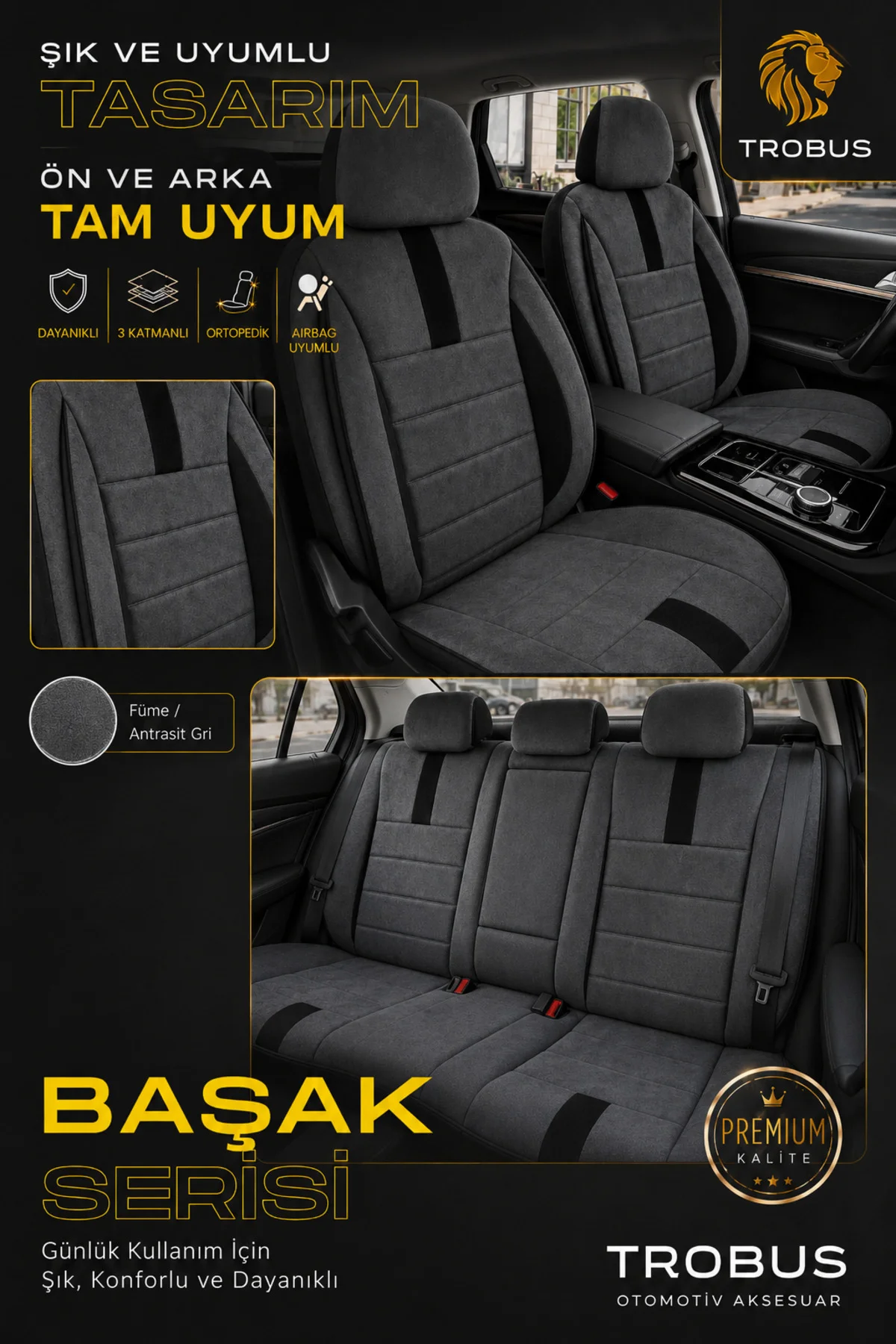 Renault Kadjar Oto Koltuk Kılıfı 2015 ve Sonrası Füme Başak Serisi Tay Tüyü Tam Set