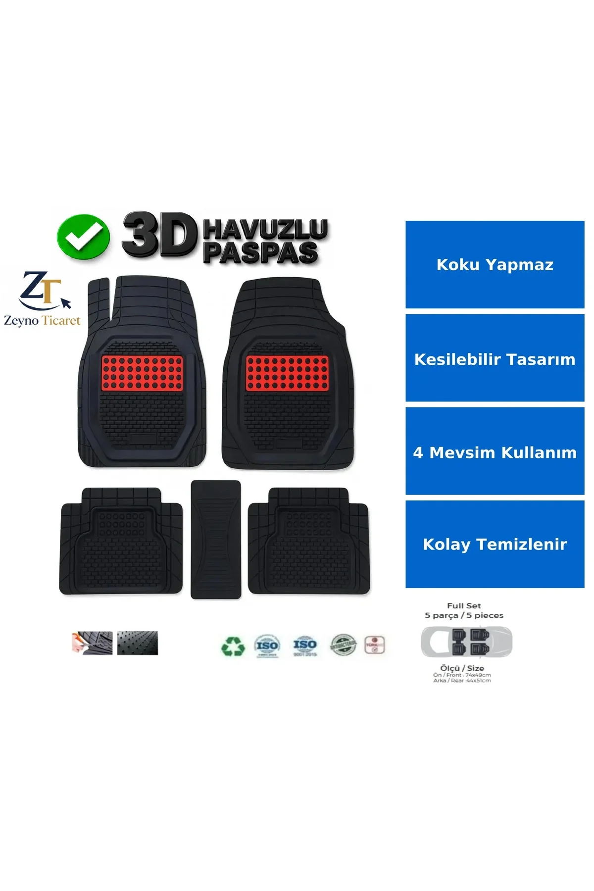 Renault Kango 2011 Uyumlu 3 Cm Havuzlu 5 Parça 3D Universal Oto Paspas Siyah-Kırmızı