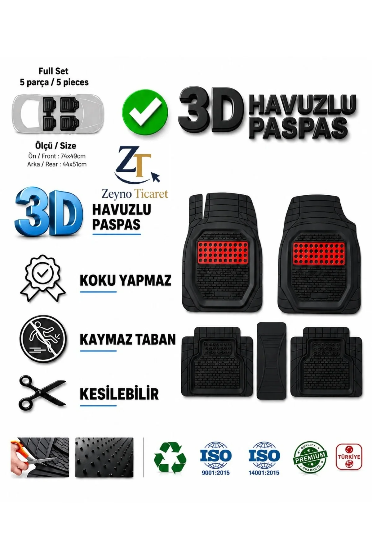 Renault Kango 2011 Uyumlu 3 Cm Havuzlu 5 Parça 3D Universal Oto Paspas Siyah-Kırmızı