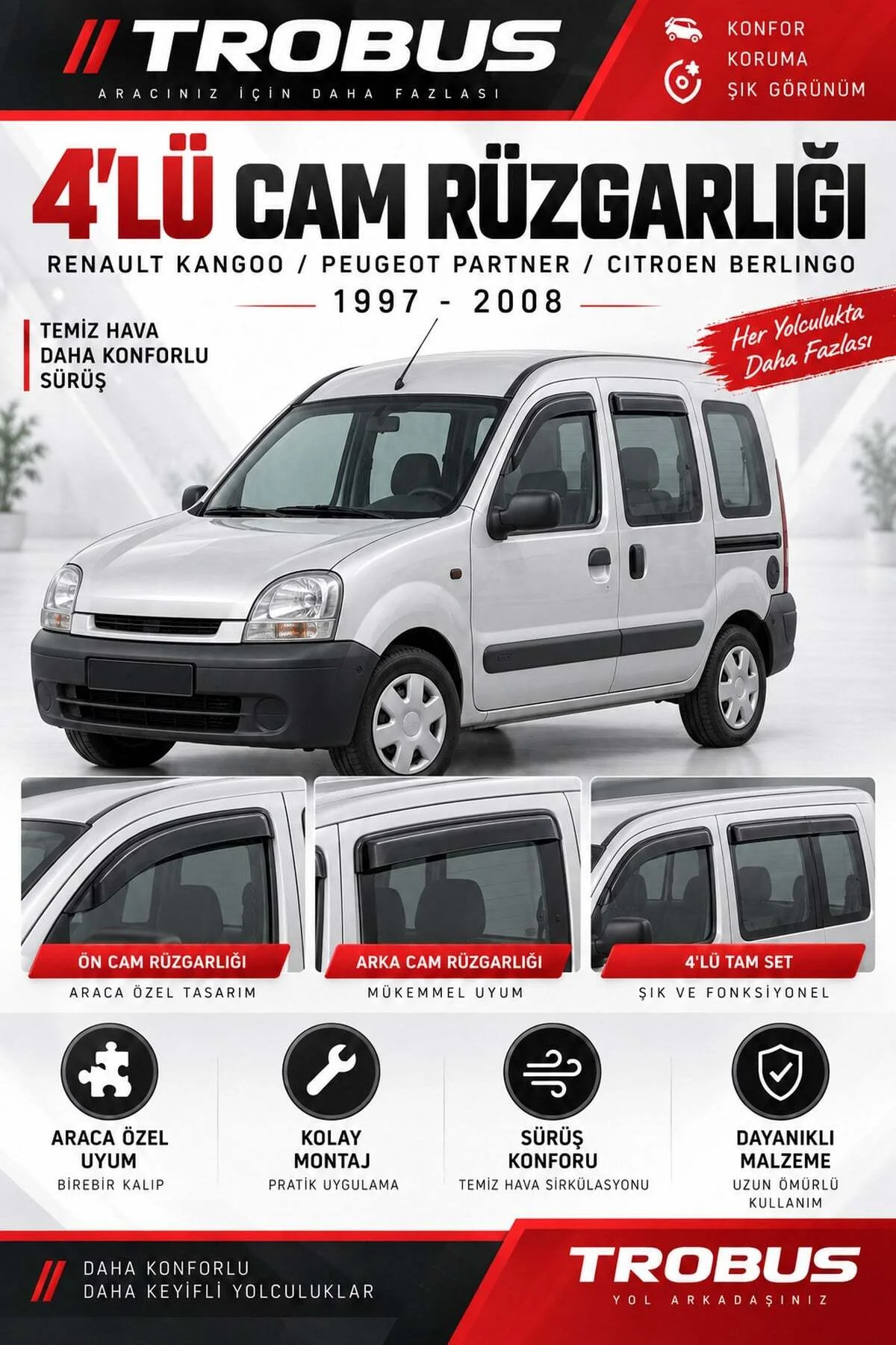 Renault Kangoo 1 / Peugeot Partner / Citroen Berlingo (1997-2008) Mügen Tip Cam Rüzgarlığı 4'lü Renault Kangoo 1 / Peugeot Partner / Citroen Berlingo (1997-2008) Mügen Tip Cam Rüzgarlığı 4'lü