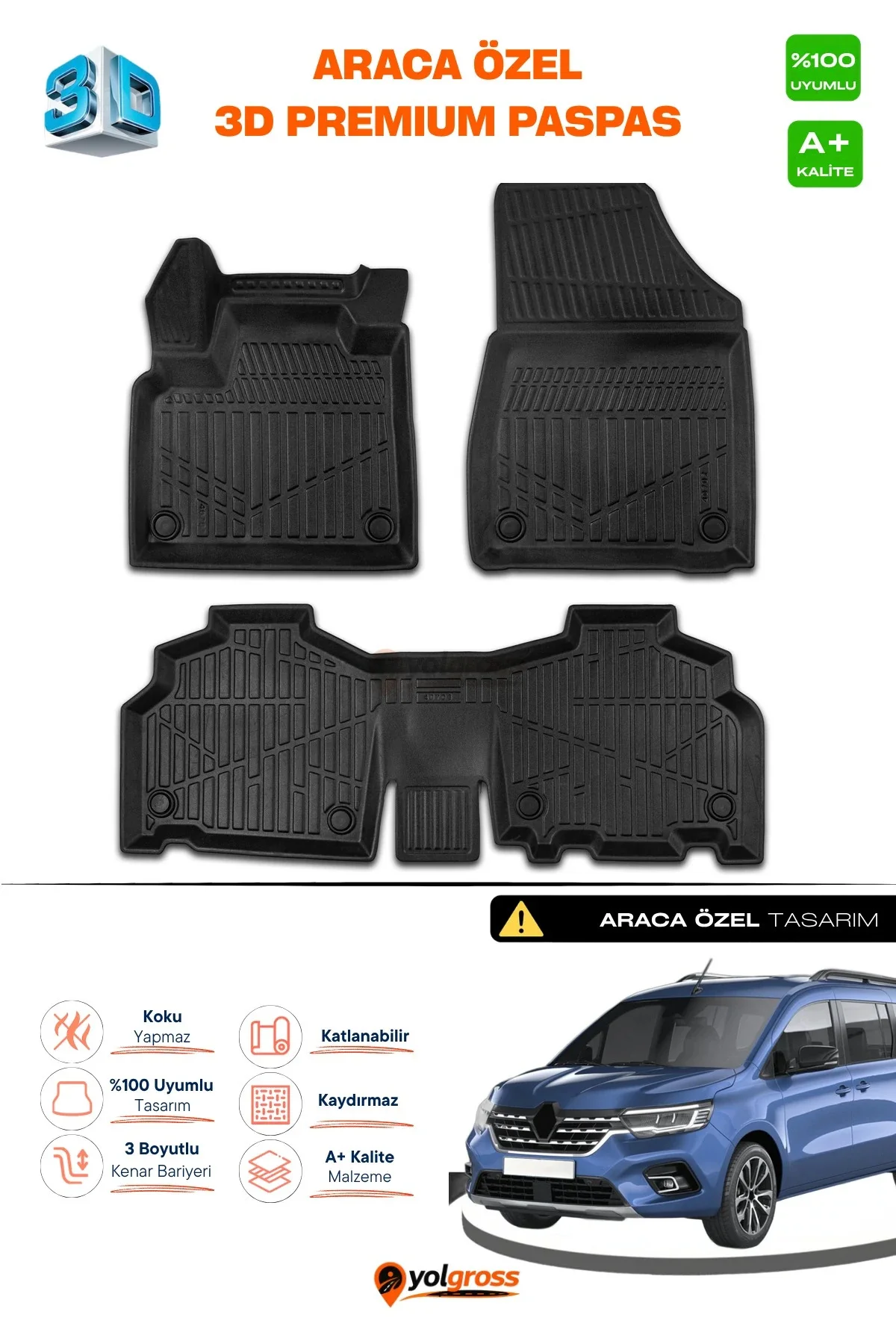 Renault Kangoo 3D Pro Havuzlu Paspas 2024 Üzeri A+ Kalite