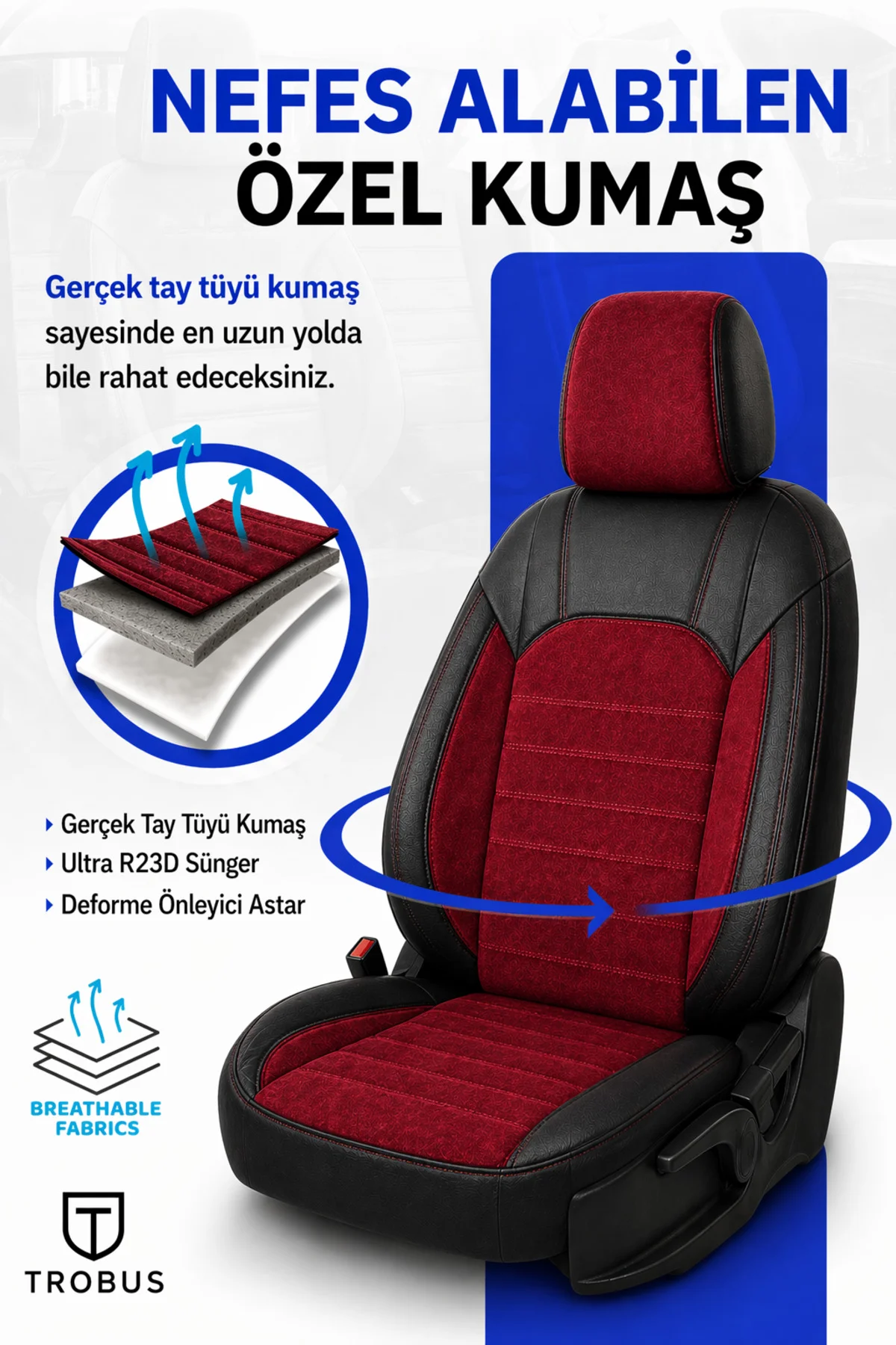 Renault Kangoo Combi 2008-2021 Tay Tüyü Deri Detay Koltuk Kılıfı Prestige Line Kırmızı Siyah
