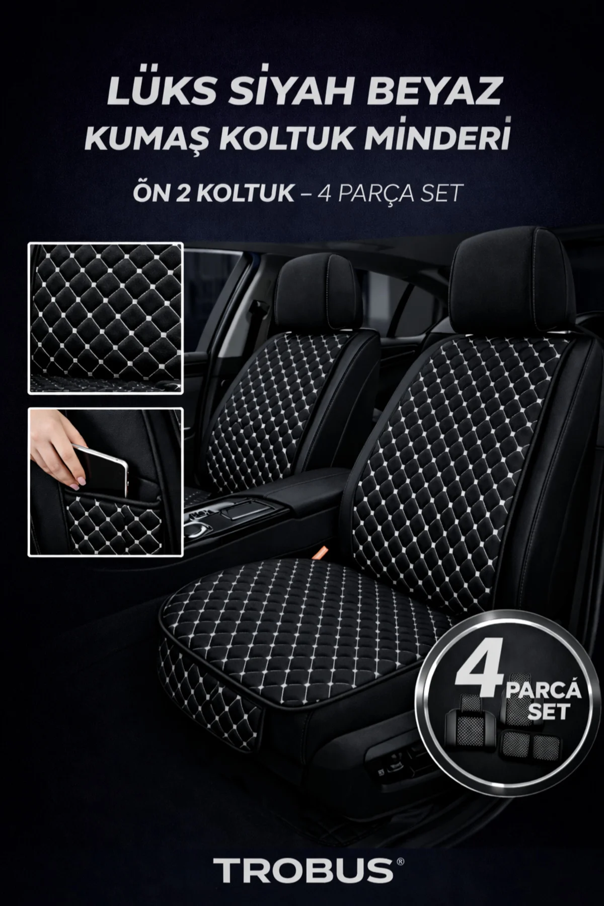 Renault Kangoo Uyumlu 5 Parça Terletmez Kumaş Koltuk Minderi Siyah Beyaz