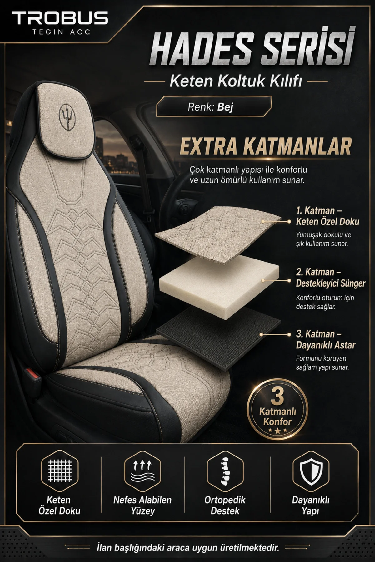 Renault Laguna 2001-2015 Uyumlu Hades Serisi Keten Koltuk Kılıfı Bej Siyah