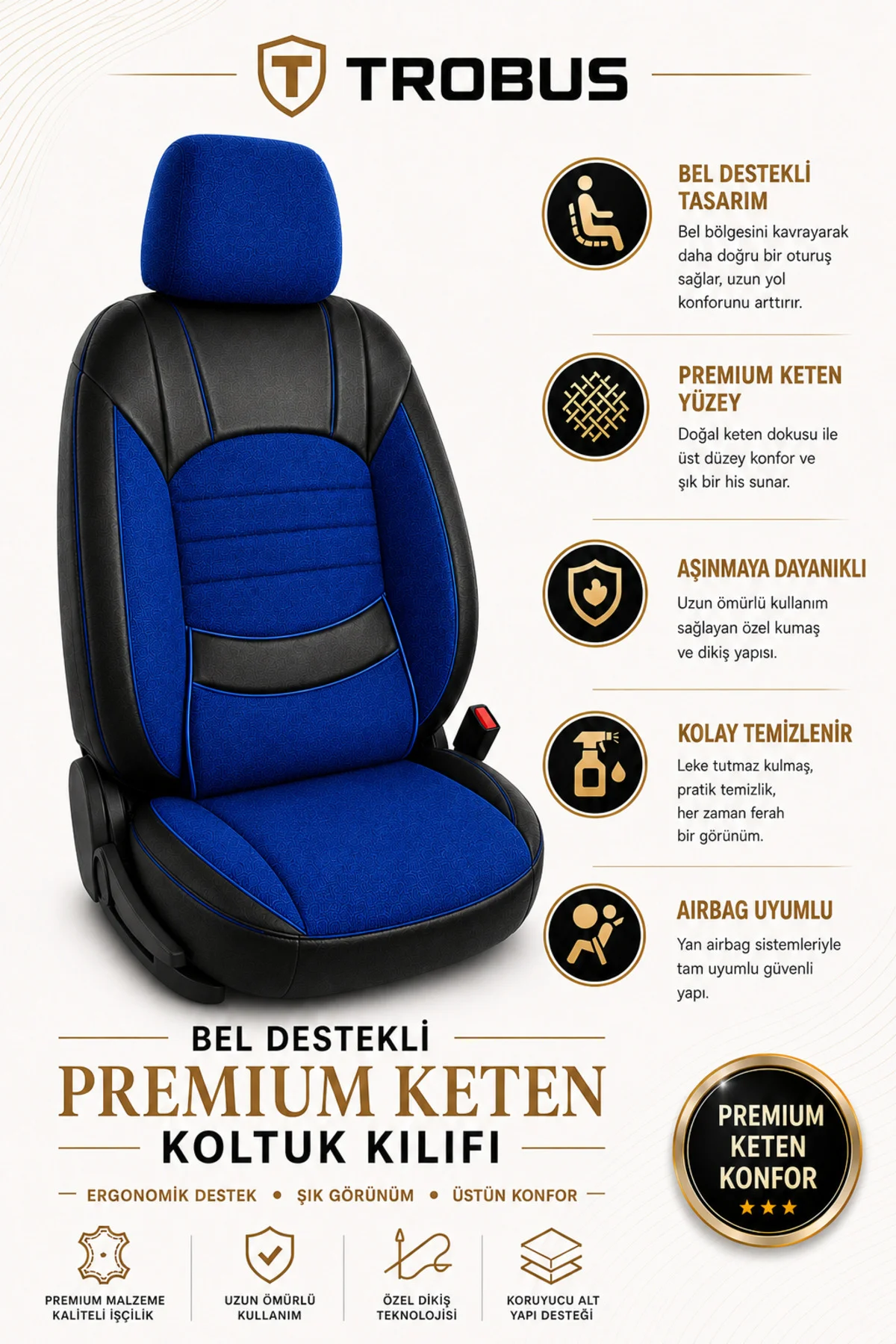 Renault Latitude 2012 ve Sonrası Uyumlu Levante Serisi Bel Destekli Keten Mavi Siyah Koltuk Kılıfı