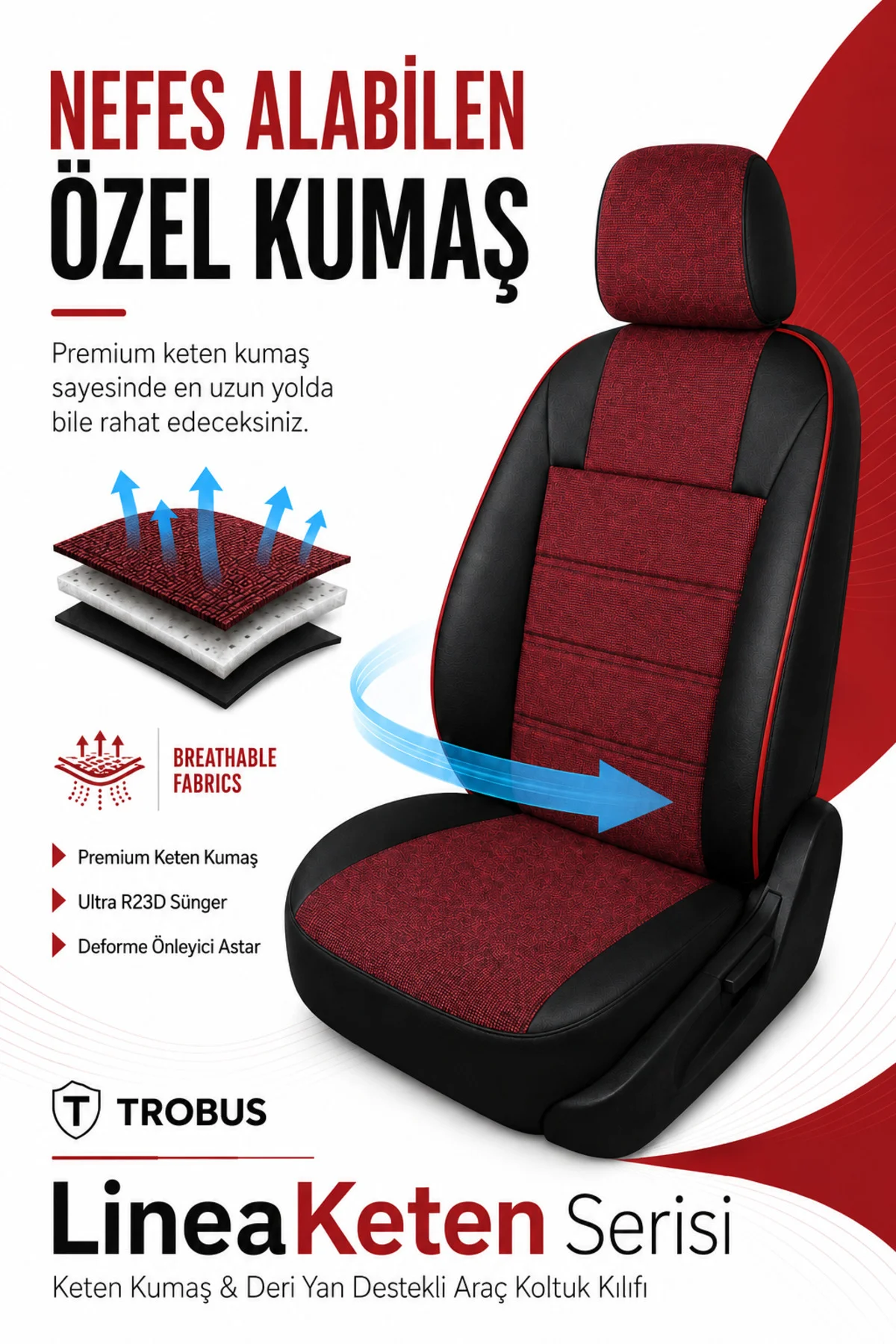 Renault Latitude 2012 ve Sonrası Uyumlu LineaKeten Serisi Ortopedik Bordo Kırmızı Koltuk Kılıfı