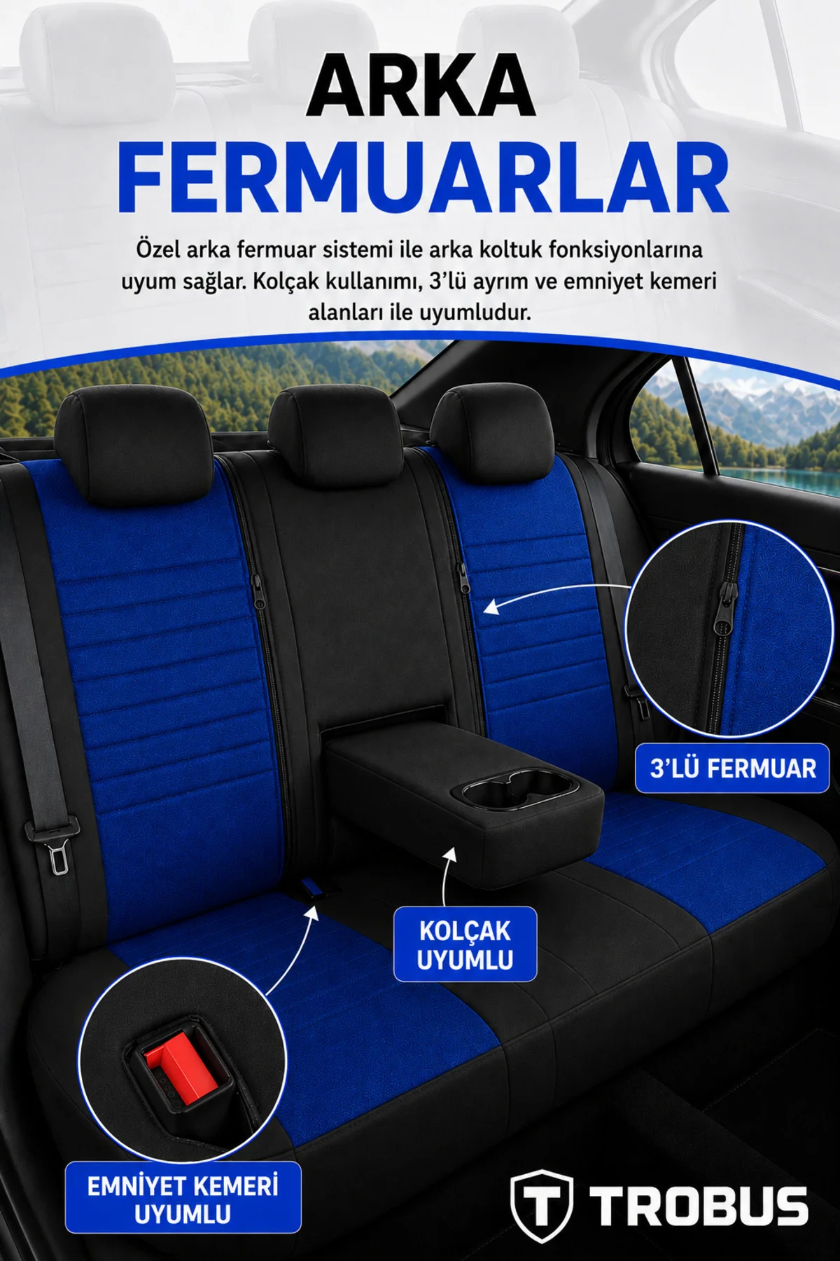 Renault Latitude 2012 ve Sonrası Uyumlu Levante Serisi Bel Destekli Keten Mavi Siyah Koltuk Kılıfı