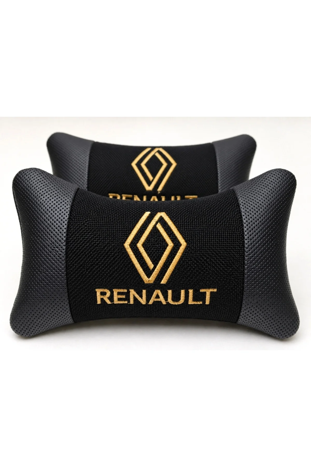 Renault Logolu Boyun Yastığı 2’li Set Siyah Keten Kumaş Nakışlı Oto Koltuk Baş Destek Yastığı - Görsel 3