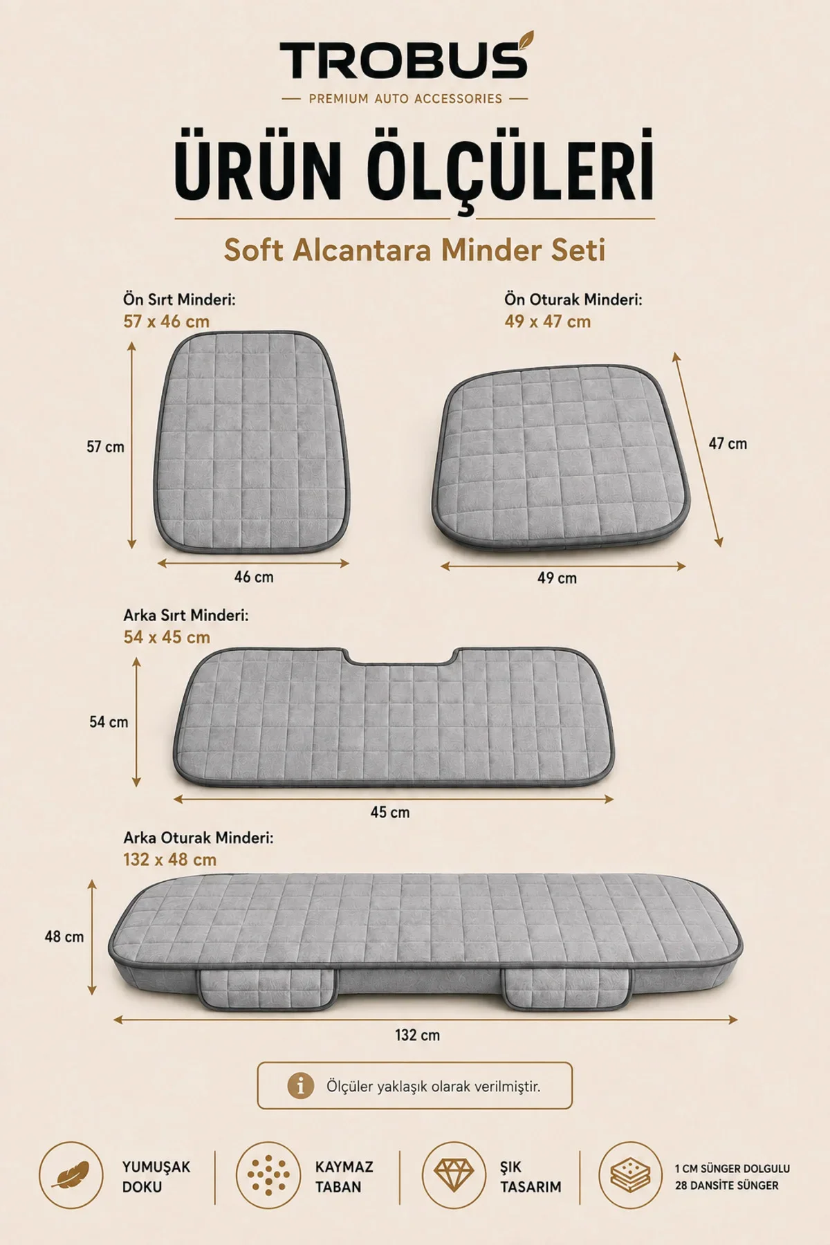 Renault Megane 1 Cabrio 1998-2003 Uyumlu Soft Alkantra Kare Desen 7 Parça Koltuk Minderi Gri - Görsel 7