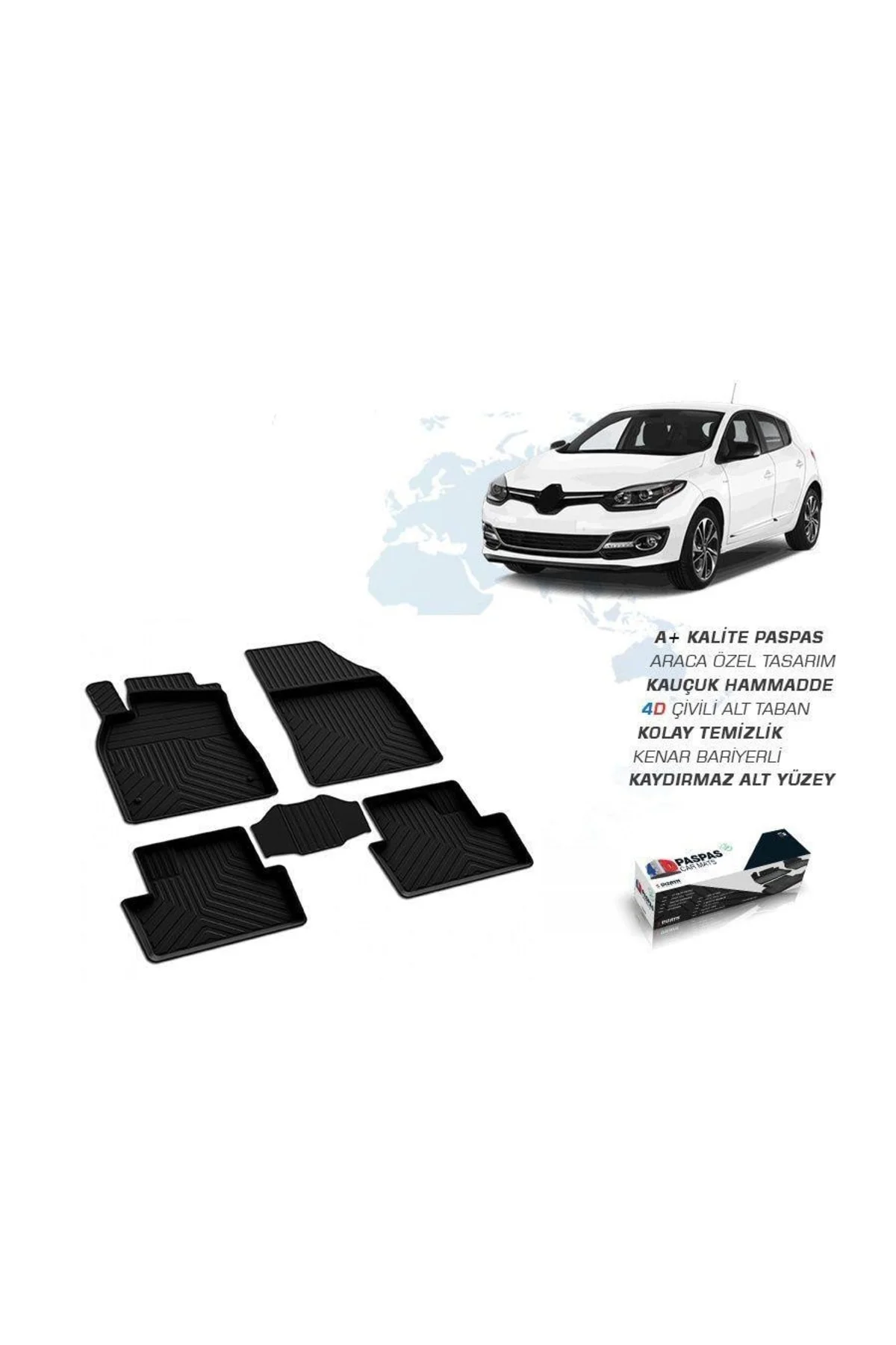 Renault Megane 3 4D Havuzlu Paspas Siyah (2008-2015) Yüksek Kaliteli Kauçuk