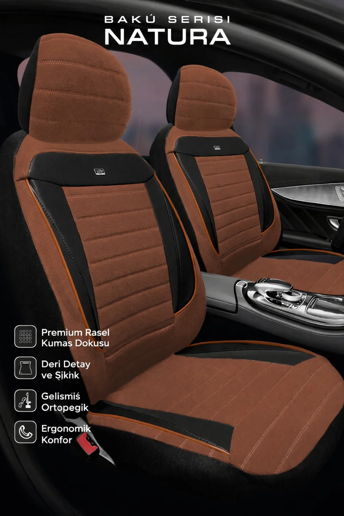 Renault Megane 4 2016 ve Sonrası Uyumlu Bakü Natura Serisi Raşel Taba Siyah Koltuk Kılıfı