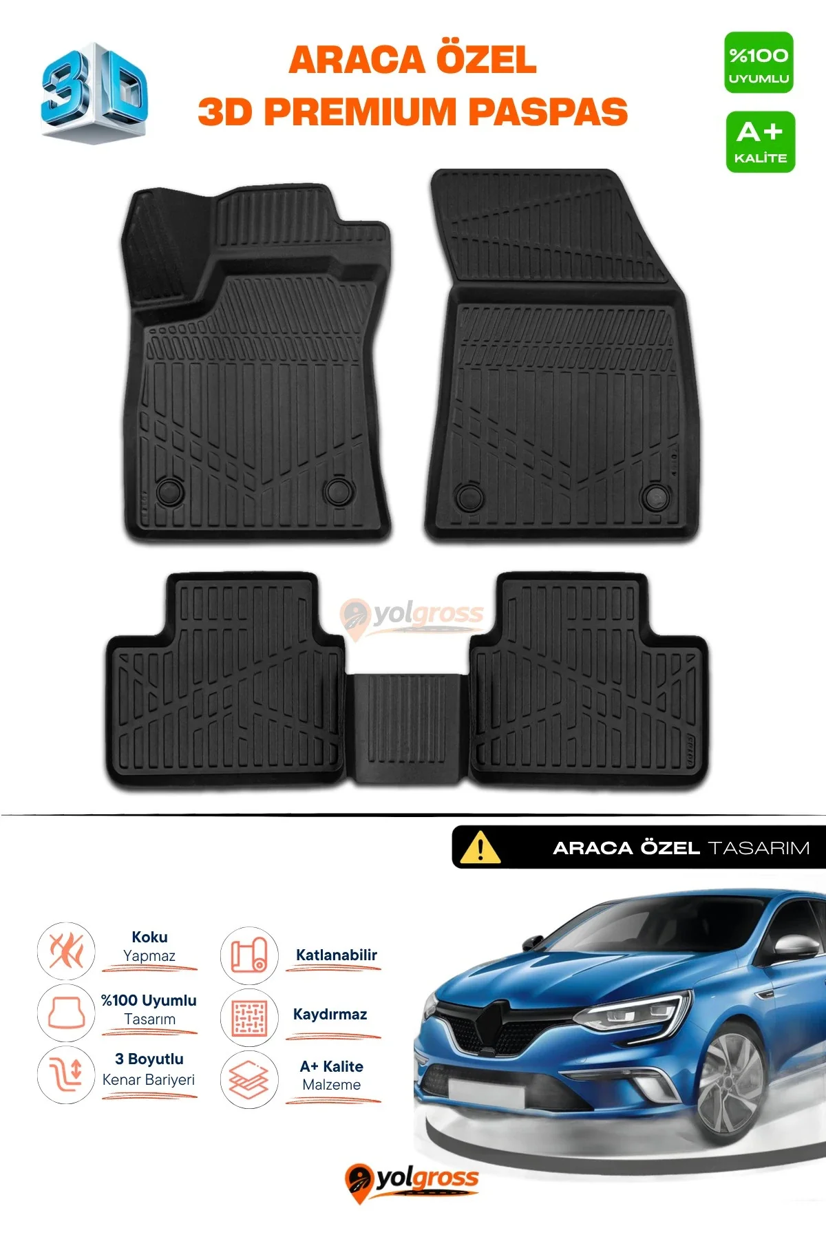 Renault Megane 4 Sedan 3D Pro Havuzlu Paspas 2016 üzeri A+ Kalite