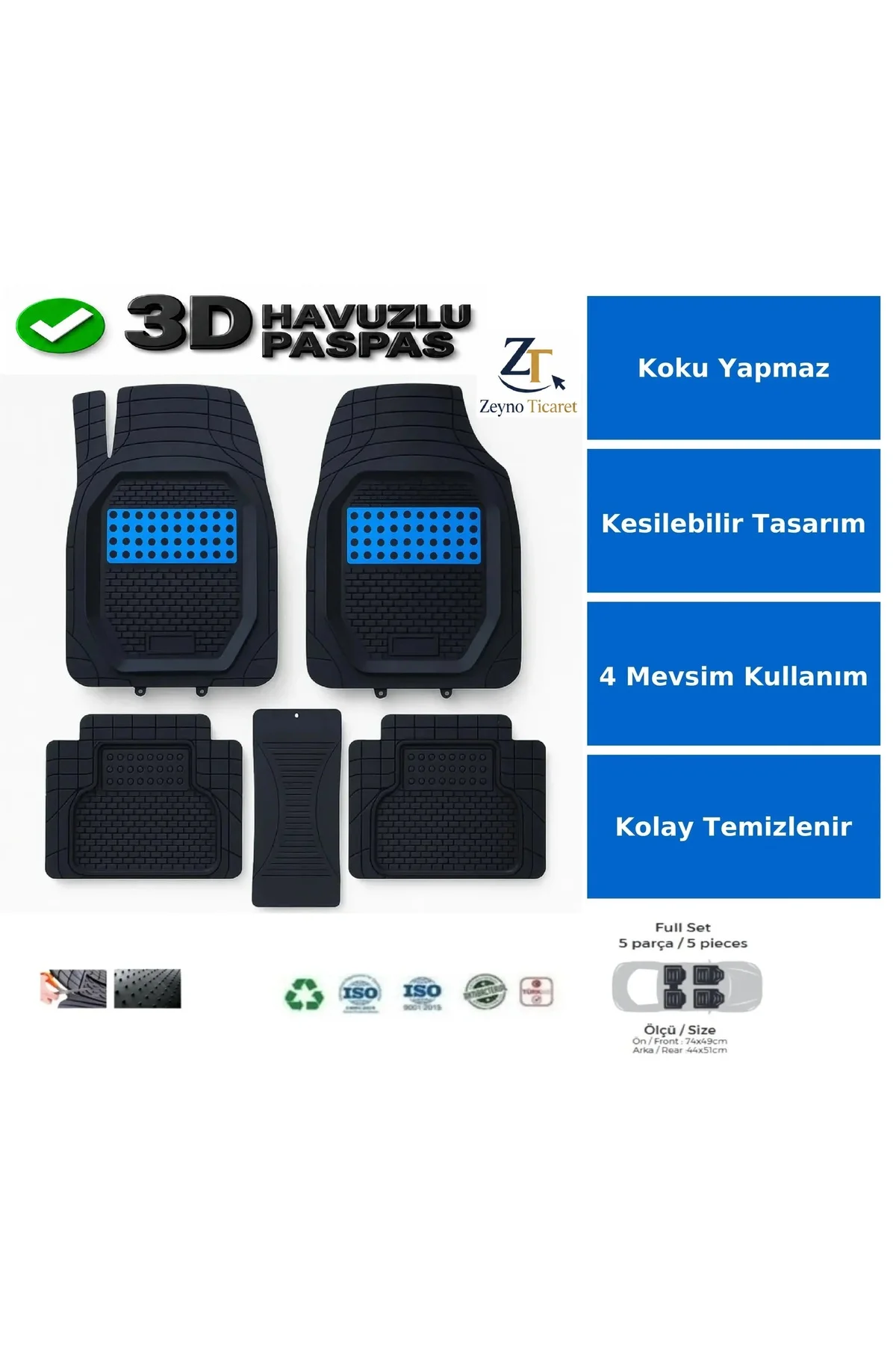 Renault Megane 4 Sedan 2016 Uyumlu 3 Cm Havuzlu 5 Parça 3D Universal Oto Paspas Siyah-Mavi
