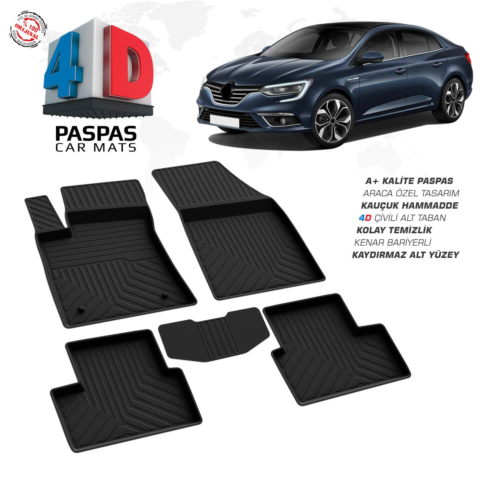 Renault Megane 4 Sedan 4D Araca Özel Havuzlu Kauçuk Paspas 2016 v