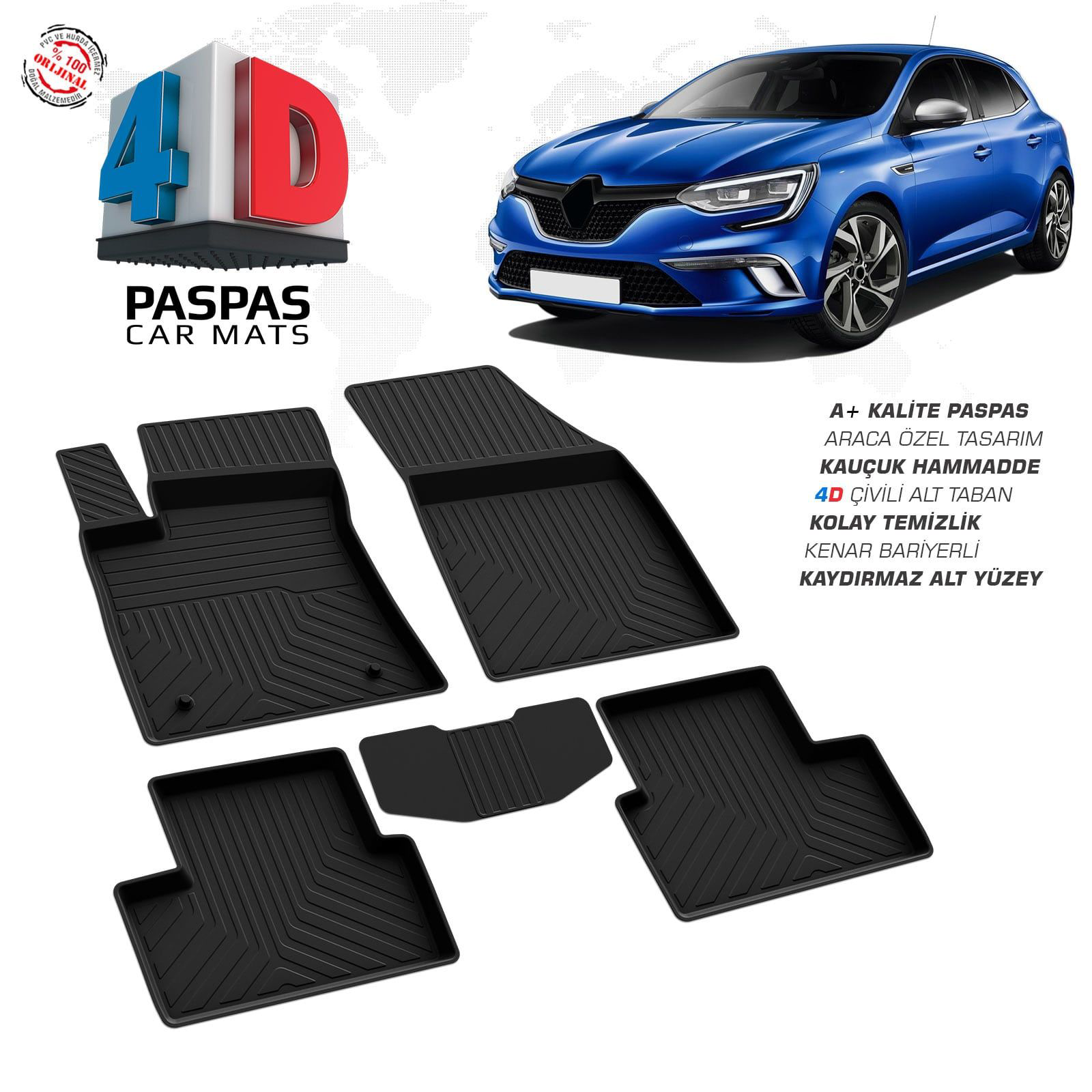 Renault Megane 4 HB 4D Araca Özel Havuzlu Kauçuk Paspas 2016 ve Ü