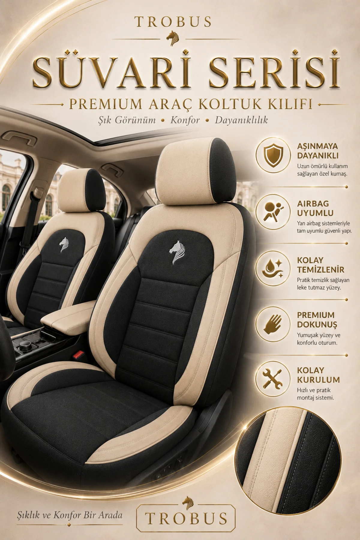 Renault Megane E-Tech 2022 Sonrası Uyumlu Süvari Serisi Siyah Bej Premium Tay Tüyü Koltuk Kılıfı