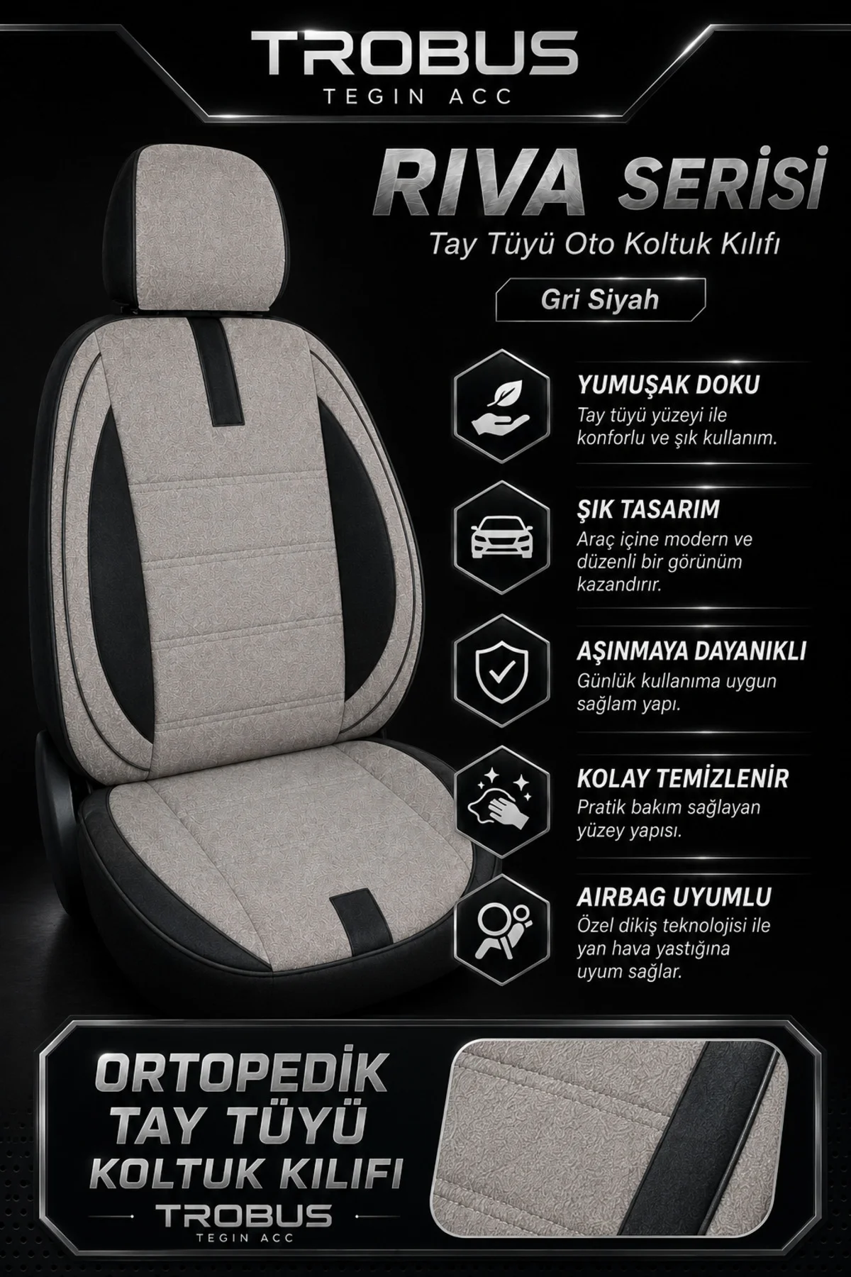 Renault Megane E-Tech 2022+ Uyumlu Riva Serisi Tay Tüyü Otropedik Gri Siyah Koltuk Kılıfı