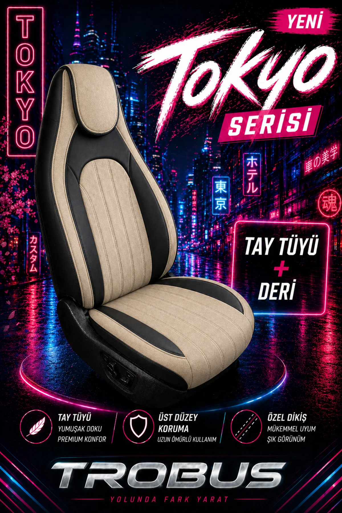 Renault Megane E-Tech 2022 ve Sonrası Bel Destekli Tay Tüyü Koltuk Kılıfı Tokyo Serisi Bej Siyah Fiyatı, Yorumları ve Özellikleri