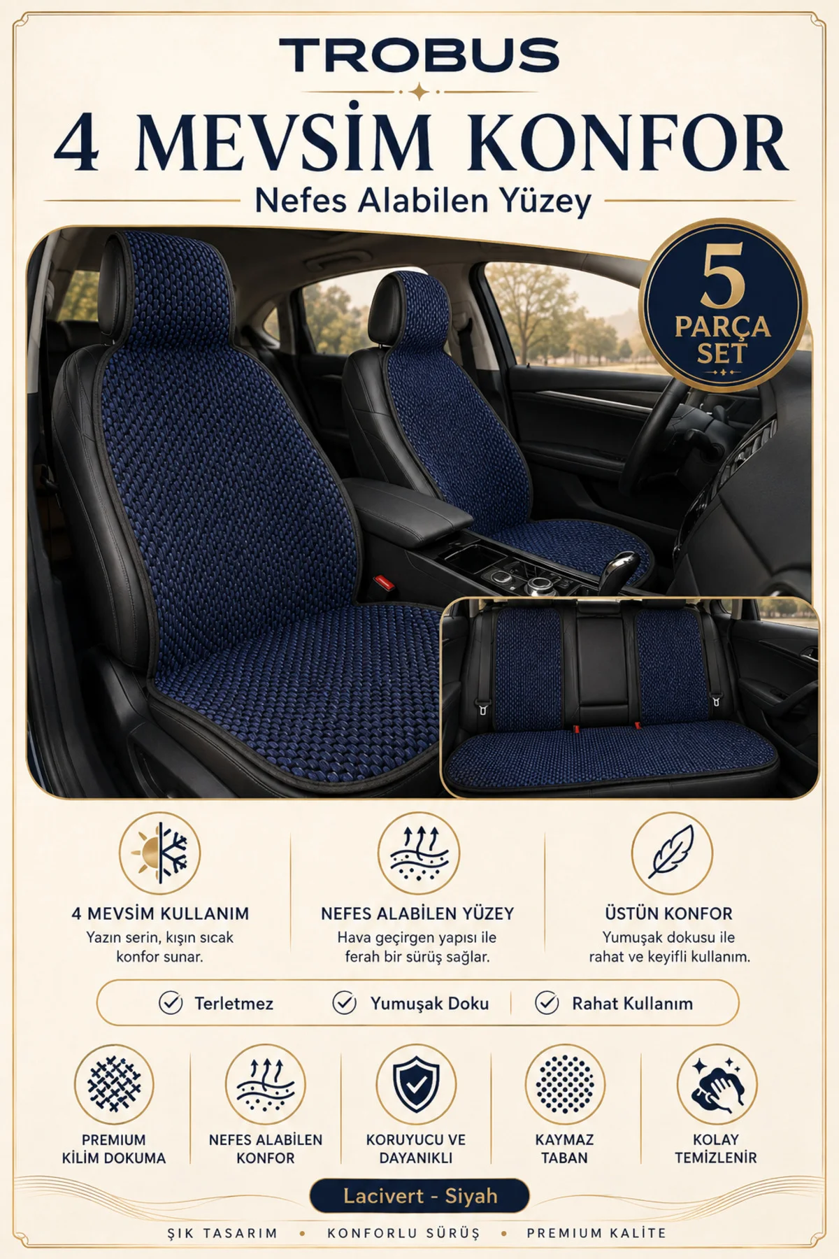 Renault Megane IV 2016 Sonrası Uyumlu Premium Örme 5 Parça Oto Koltuk Minderi Lacivert - Siyah Fiyatı, Yorumları ve Özellikleri