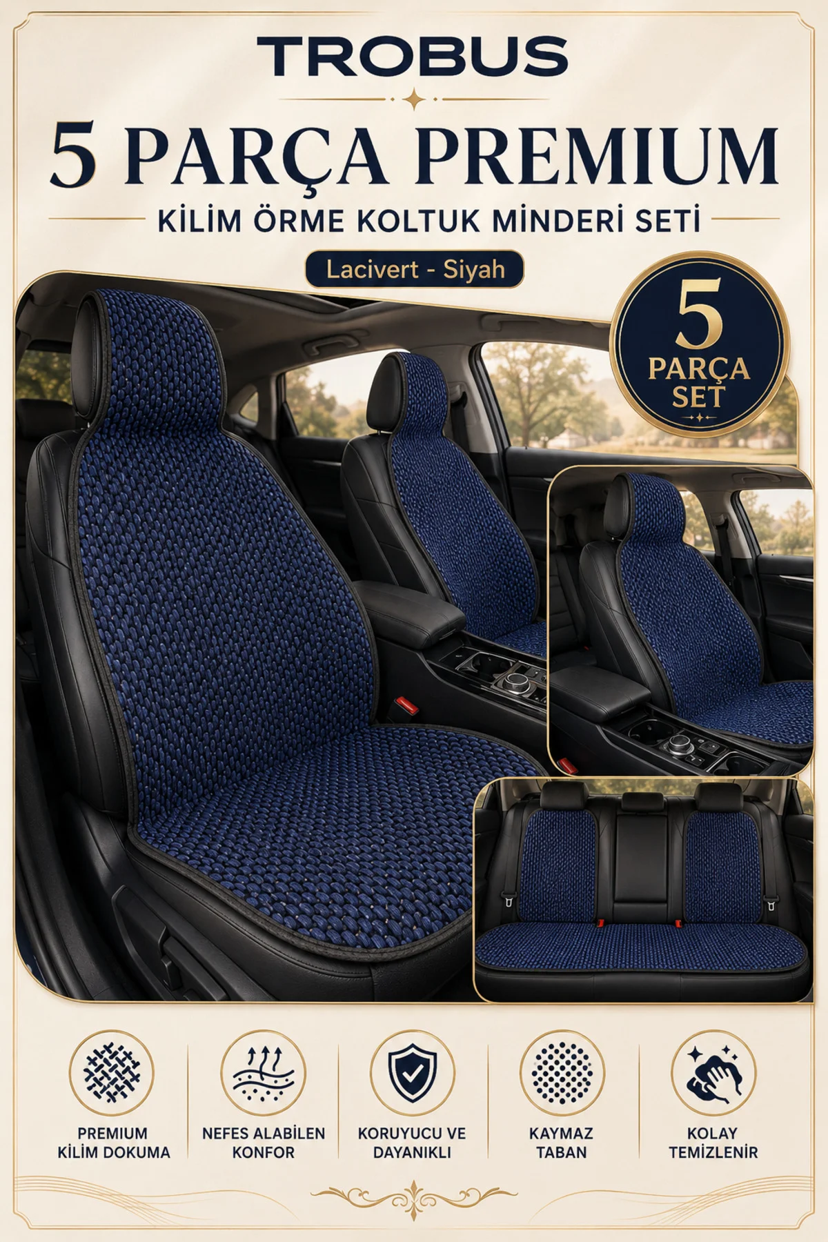 Renault Megane IV 2016 Sonrası Uyumlu Premium Örme 5 Parça Oto Koltuk Minderi Lacivert - Siyah Fiyatı, Yorumları ve Özellikleri