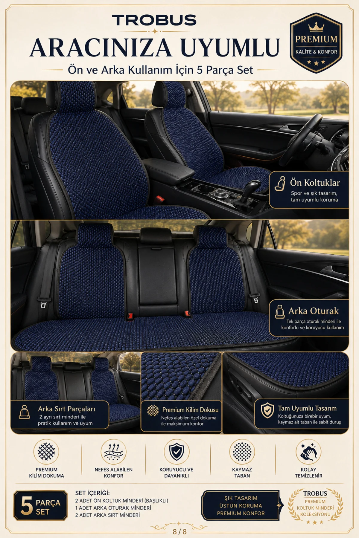 Renault Megane IV 2016 Sonrası Uyumlu Premium Örme 5 Parça Oto Koltuk Minderi Lacivert - Siyah Fiyatı, Yorumları ve Özellikleri