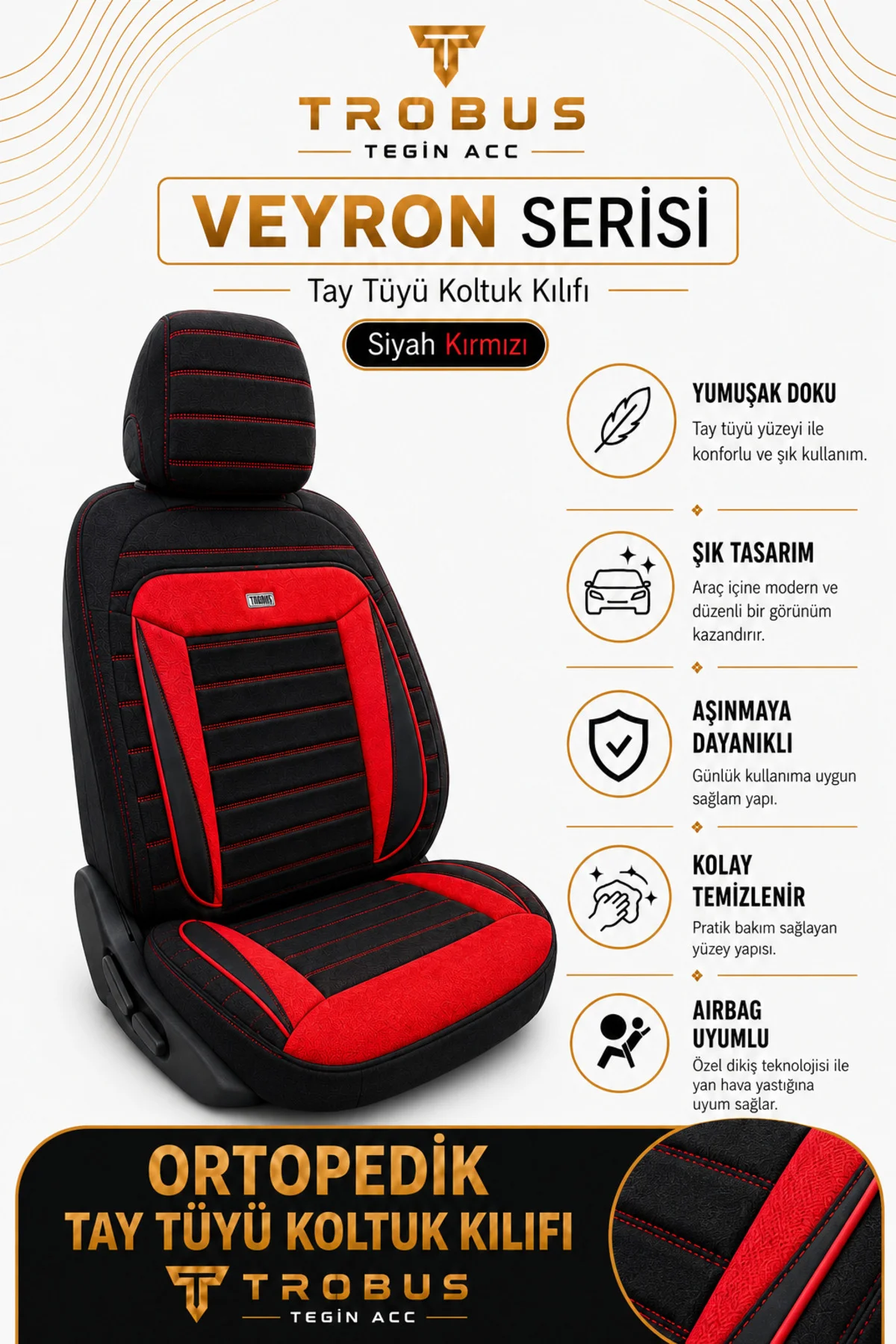 Renault Mégane HB 2002 Sonrası Uyumlu Veyron Serisi Siyah Kırmızı Tay Tüyü Koltuk Kılıfı
