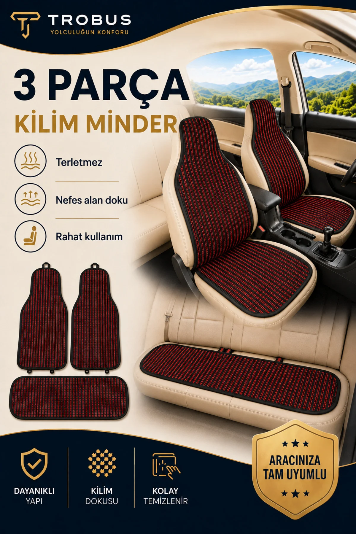 Renault Mégane HB 2002 ve Sonrası Uyumlu Örme Kilim 3 Parça Minder Siyah Kırmızı
