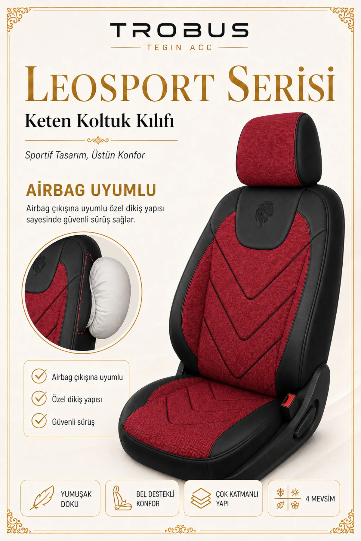 Renault Mégane Sedan 2002 Sonrası Uyumlu LeoSport Serisi Siyah Kırmızı Keten Koltuk Kılıfı Fiyatı, Yorumları ve Özellikleri
