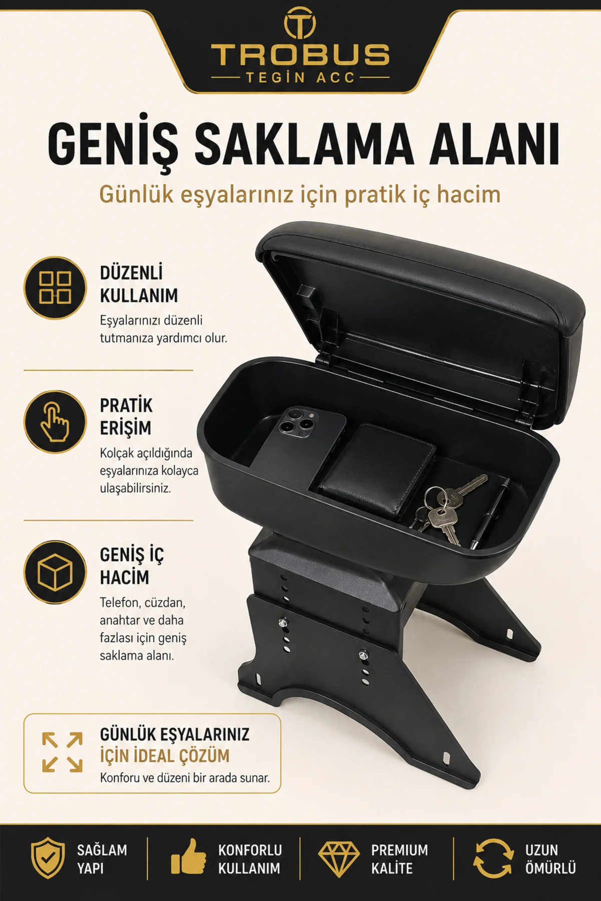 Renault R19 1989-2000 Uyumlu Siyah Ayaklı Sürgülü Kolçak Ayarlanabilir Yükseklikli