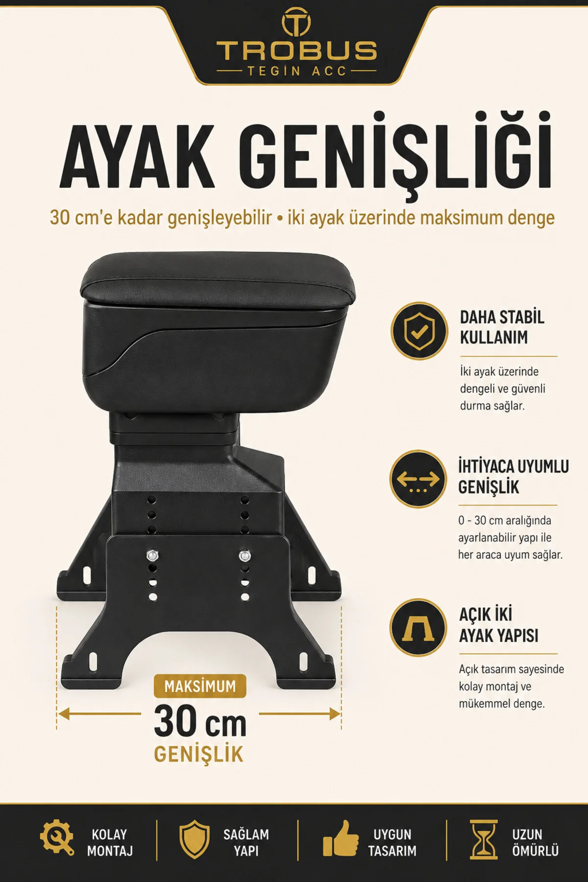 Renault R19 1989-2000 Uyumlu Siyah Ayaklı Sürgülü Kolçak Ayarlanabilir Yükseklikli
