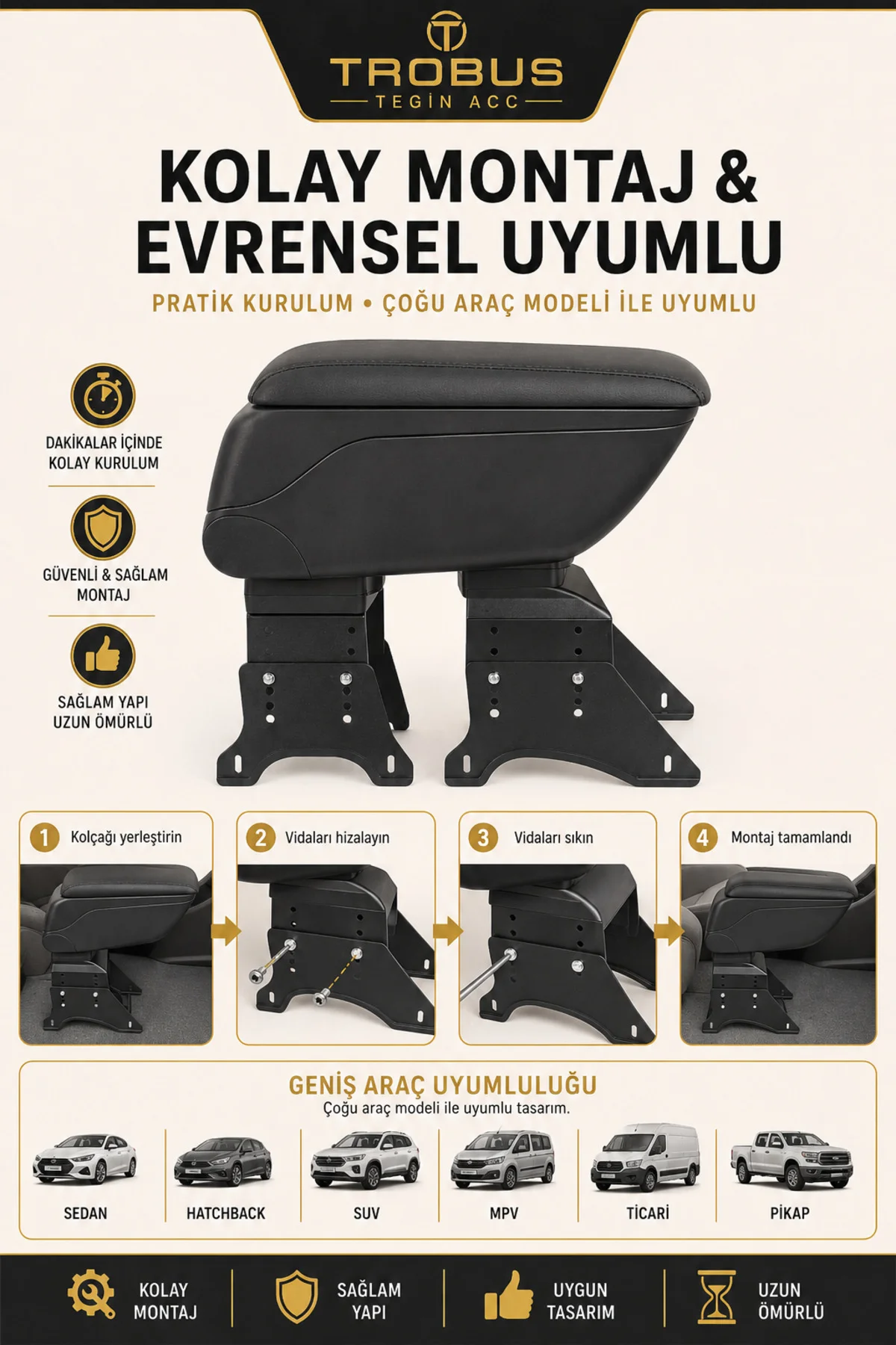 Renault R19 1989-2000 Uyumlu Siyah Ayaklı Sürgülü Kolçak Ayarlanabilir Yükseklikli