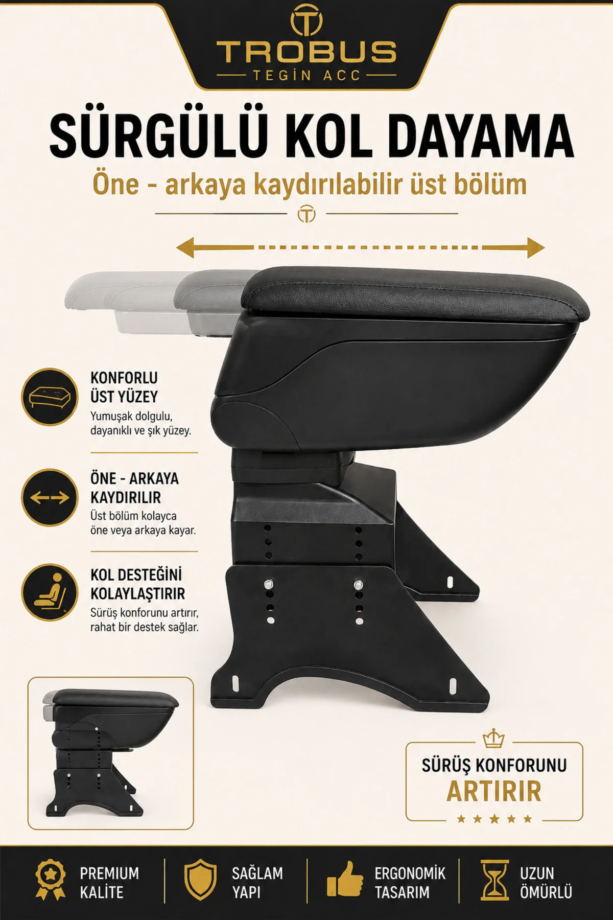 Renault R19 1989-2000 Uyumlu Siyah Ayaklı Sürgülü Kolçak Ayarlanabilir Yükseklikli